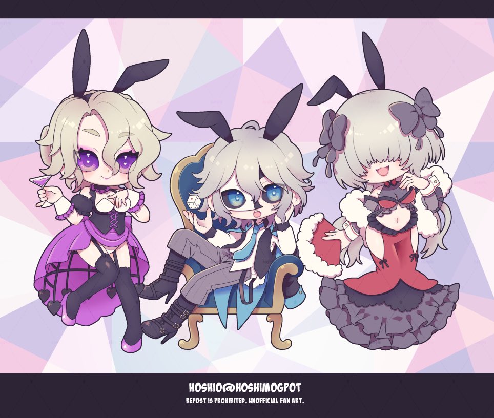 yunoichi-hoshiduki, ithaqua (identity v), mary (identity v), michiko (identity v), identity v, commentary request, 1boy, 2girls, :3, :d, :o, alternate costume, animal ear hairband, animal ears, black bow, black choker, black corset, black sclera, black thighhighs, black vest, blonde hair, blue eyes, blue necktie, bow, chair, choker, clothing cutout, colored sclera, corset, cup, dice, eye mask, fake animal ears, frilled choker, frills, garter straps, grey hair, grey pants, hair between eyes, hair bow, hair over eyes, hairband, hand fan, high heels, hip vent, holding, holding cup, holding fan, long hair, looking at viewer, male playboy bunny, mask, medium hair, multiple girls, navel, necktie, nontraditional playboy bunny, on chair, open mouth, pants, playboy bunny, purple eyes, purple shoes, rabbit ear hairband, rabbit ears, red skirt, shirt, shoes, side part, skirt, smile, solid eyes, stole, thighhighs, vest, wavy hair, white shirt, white wrist cuffs, wrist cuffs