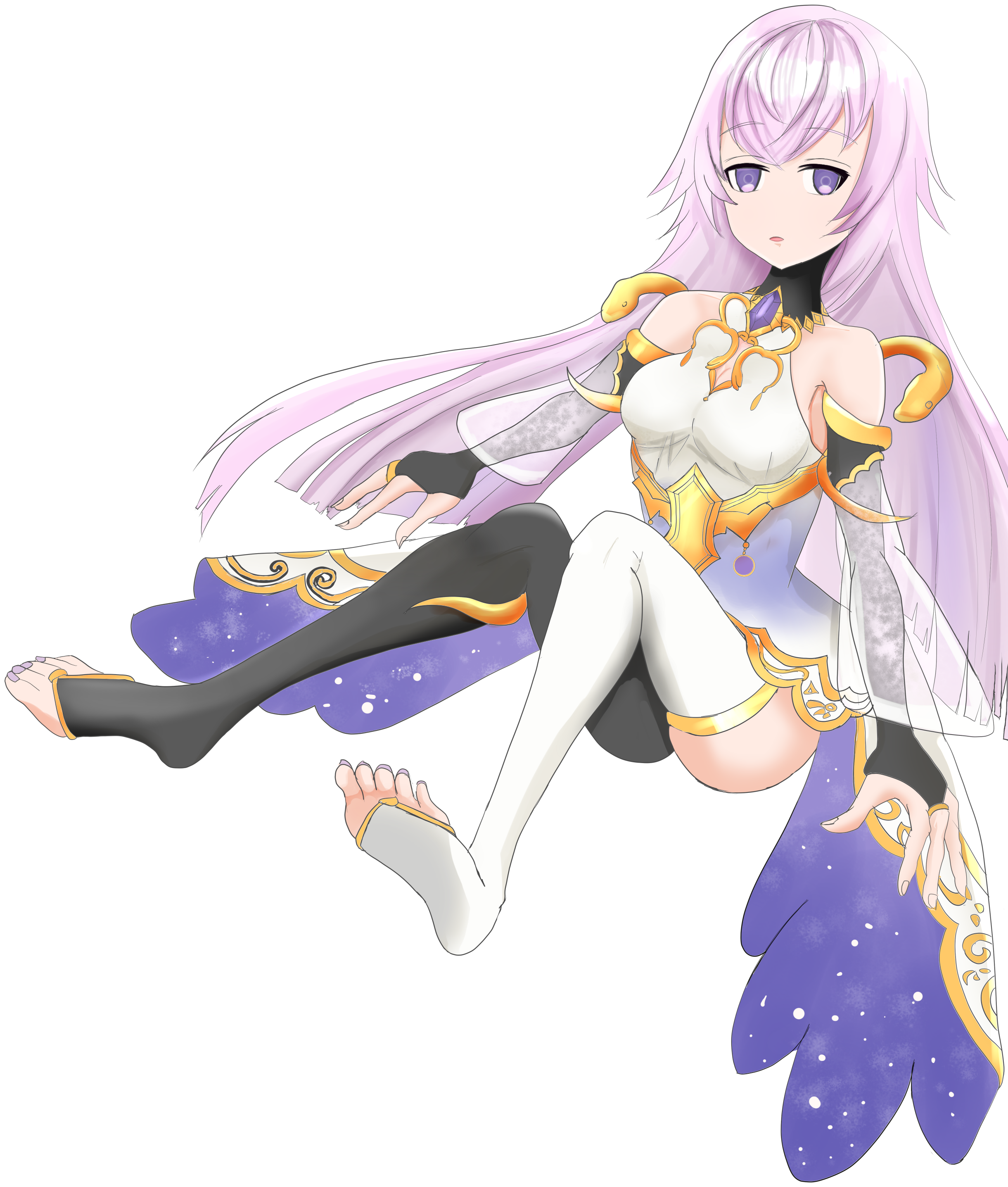 sirakaba324, magic mirror (grimms notes), grimms notes, bad id, bad pixiv id, 1girl, bare shoulders, black bridal gauntlets, breasts, bridal gauntlets, medium breasts, parted lips, purple eyes, purple hair, simple background, solo, thighs, white background