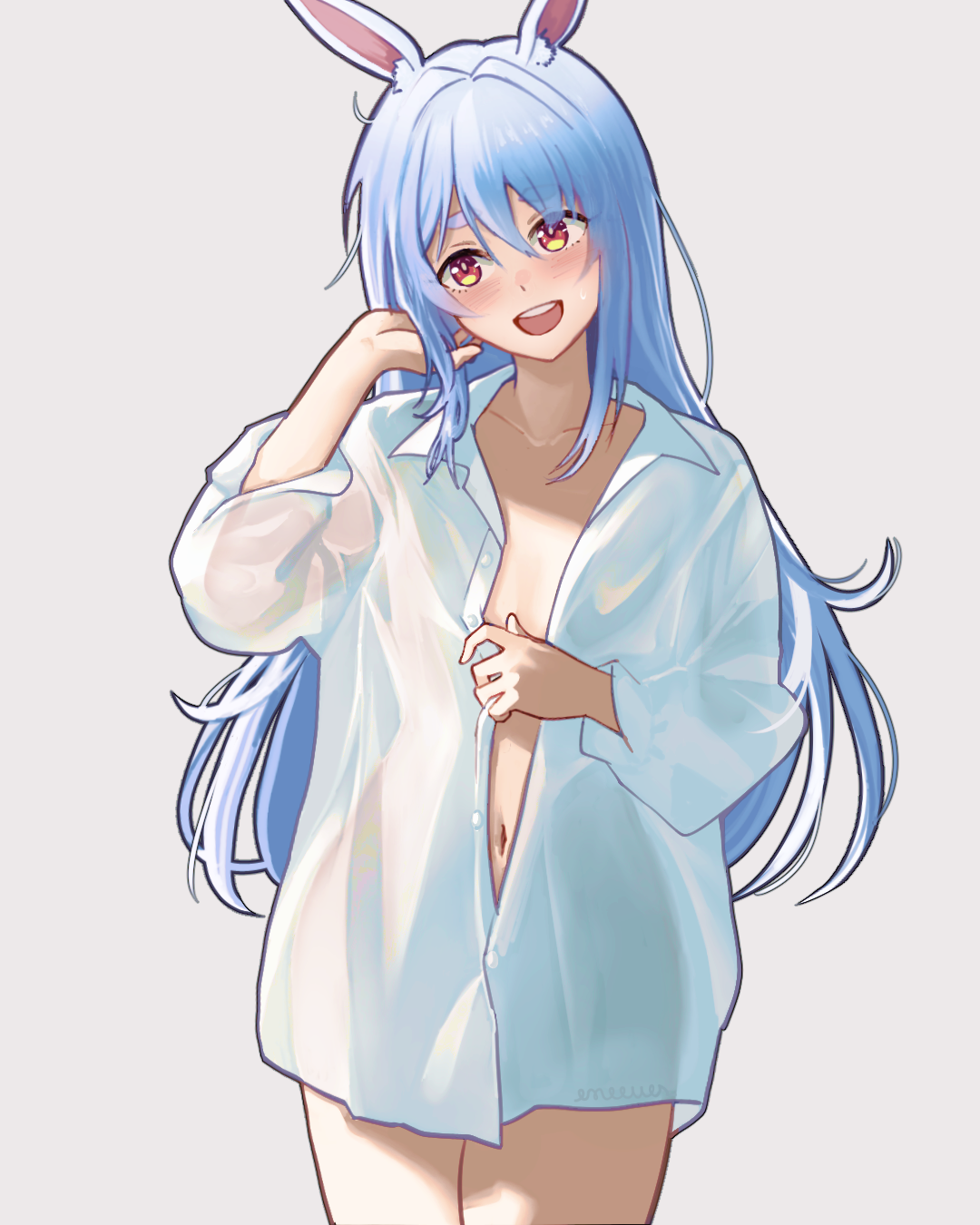 eneeues, usada pekora, hololive, commentary, english commentary, highres, 1girl, :d, animal ears, blue hair, collared shirt, dress shirt, flat chest, grey background, hand up, hikimayu, long hair, long sleeves, messy hair, naked shirt, navel, open mouth, oversized clothes, oversized shirt, partially unbuttoned, rabbit ears, rabbit girl, red eyes, see-through silhouette, shirt, short eyebrows, simple background, smile, solo, teeth, thick eyebrows, upper teeth only, virtual youtuber, white shirt