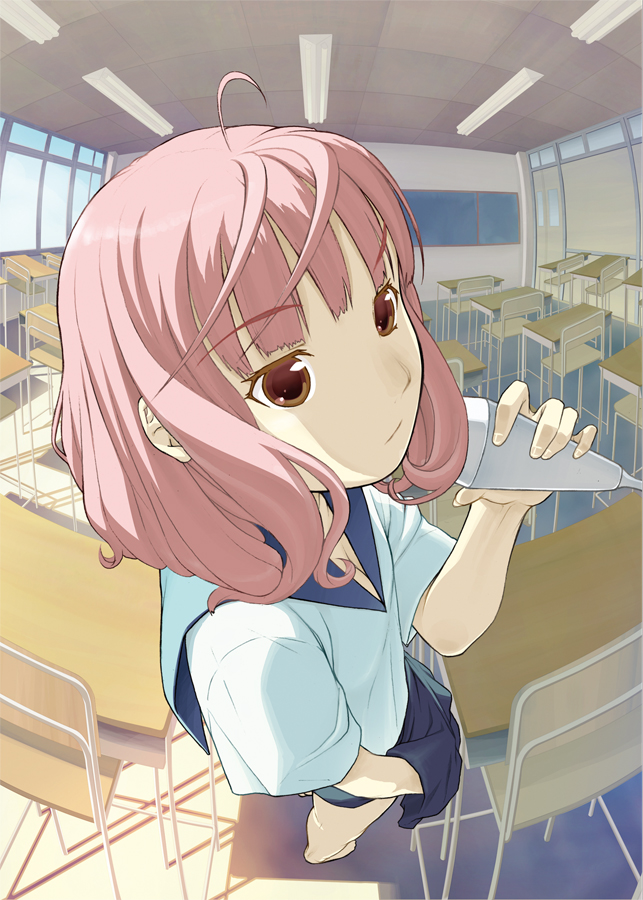 nakamura hayashi, original, 1girl, ahoge, barefoot, brown eyes, classroom, desk, female focus, fisheye, full body, hand in pocket, indoors, microphone, perspective, pink hair, school, school desk, school uniform, solo, sunlight
