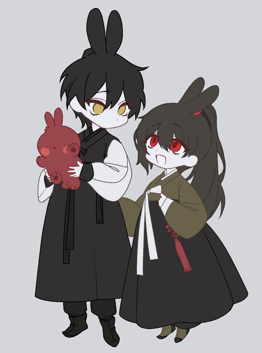 ayin (project moon), carmen (project moon), lobotomy corporation, project moon, 1boy, 1girl, animal ears, black boots, black hair, black hanbok, black pants, boots, brown boots, brown hair, green jacket, hanbok, high ponytail, jacket, korean clothes, long hair, long sleeves, looking up, open mouth, pants, ponytail, rabbit ears, rodionlotte, smile, white sleeves, yellow eyes