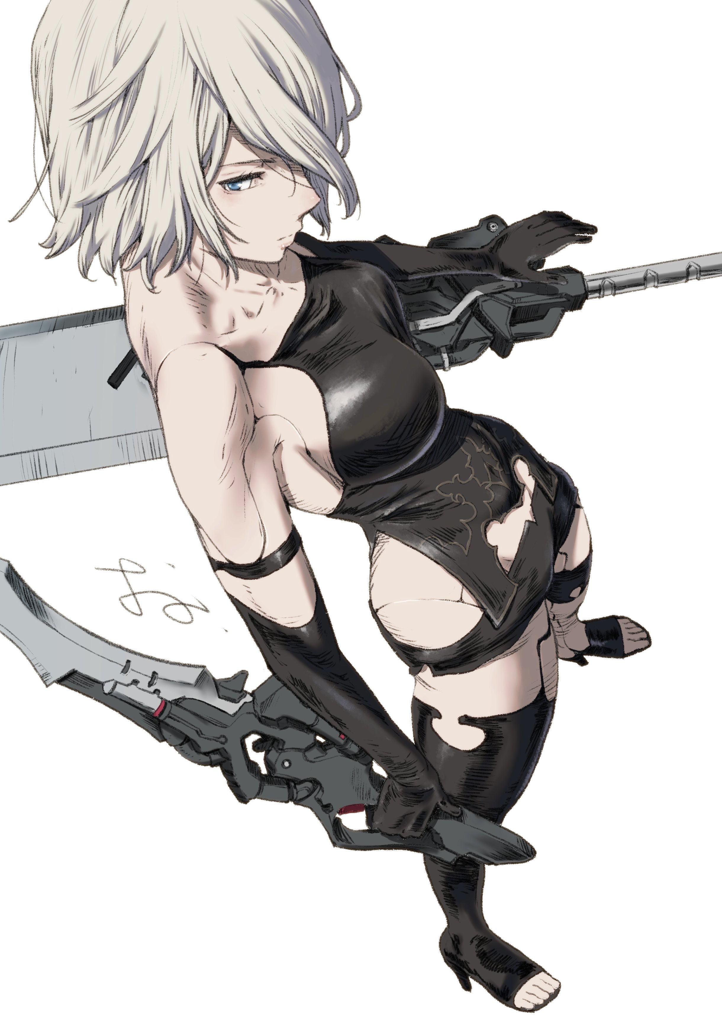 oono tsutomu, a2 (nier:automata), nier:automata, nier (series), absurdres, commentary request, highres, 1girl, android, bare shoulders, black boots, black gloves, black shirt, blue eyes, boots, breasts, closed mouth, collarbone, dual wielding, elbow gloves, from above, from side, gloves, grey hair, high heel boots, high heels, holding, holding sword, holding weapon, joints, large breasts, open-toe boots, robot joints, shirt, short hair, simple background, sleeveless, sleeveless shirt, solo, standing, sword, thigh boots, toes, torn clothes, torn shirt, weapon, white background