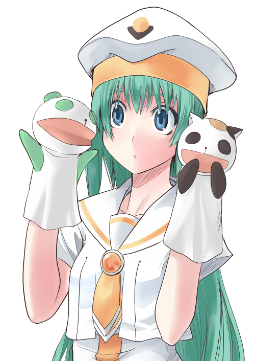wander (artist), wander (cordabyss), alice carroll, president maa, aria (manga), uniform, bad id, bad pixiv id, 00s, 1girl, blue eyes, female focus, green hair, hand puppet, hat, long hair, panda, puppet, solo