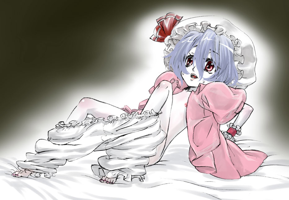 isayasa, remilia scarlet, touhou, bad id, bad pixiv id, 1girl, bloomers, blue hair, female focus, hat, loli, red eyes, short hair, solo, sweat, underwear