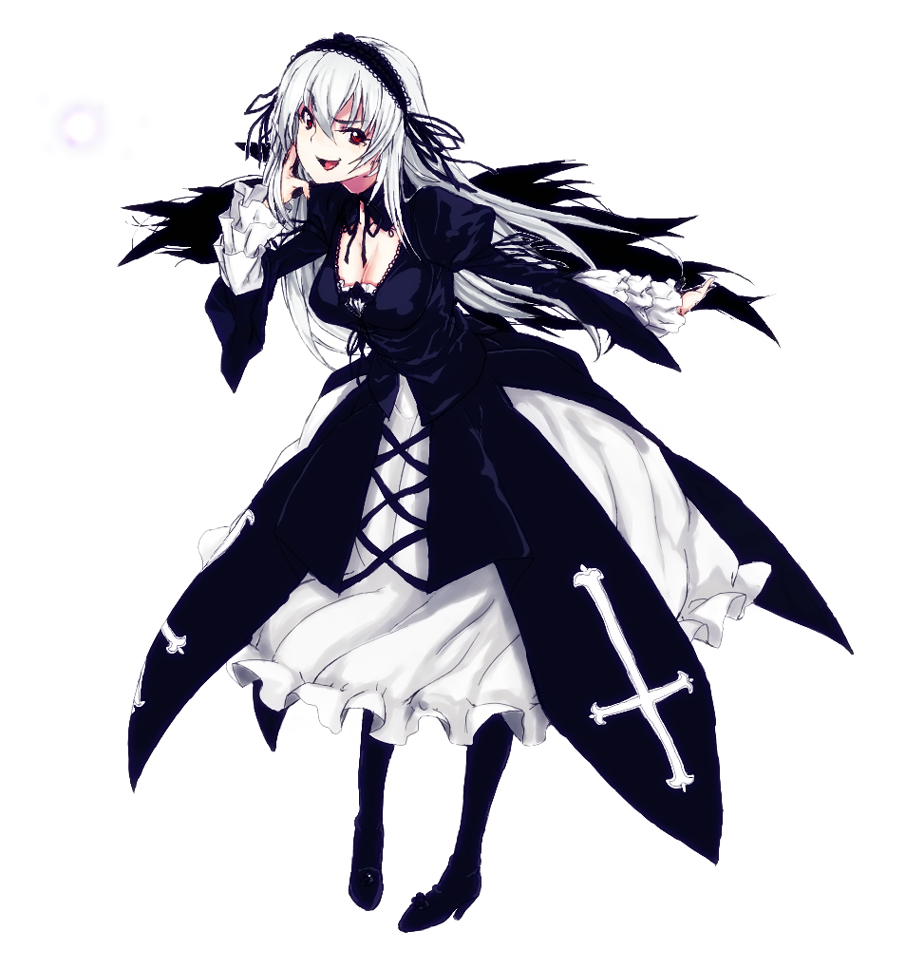 kirisato itsuki, suigintou, rozen maiden, silver hair, 00s, 1girl, boots, breasts, cleavage, dress, female focus, frills, hairband, knee boots, long hair, medium breasts, red eyes, solo, wings