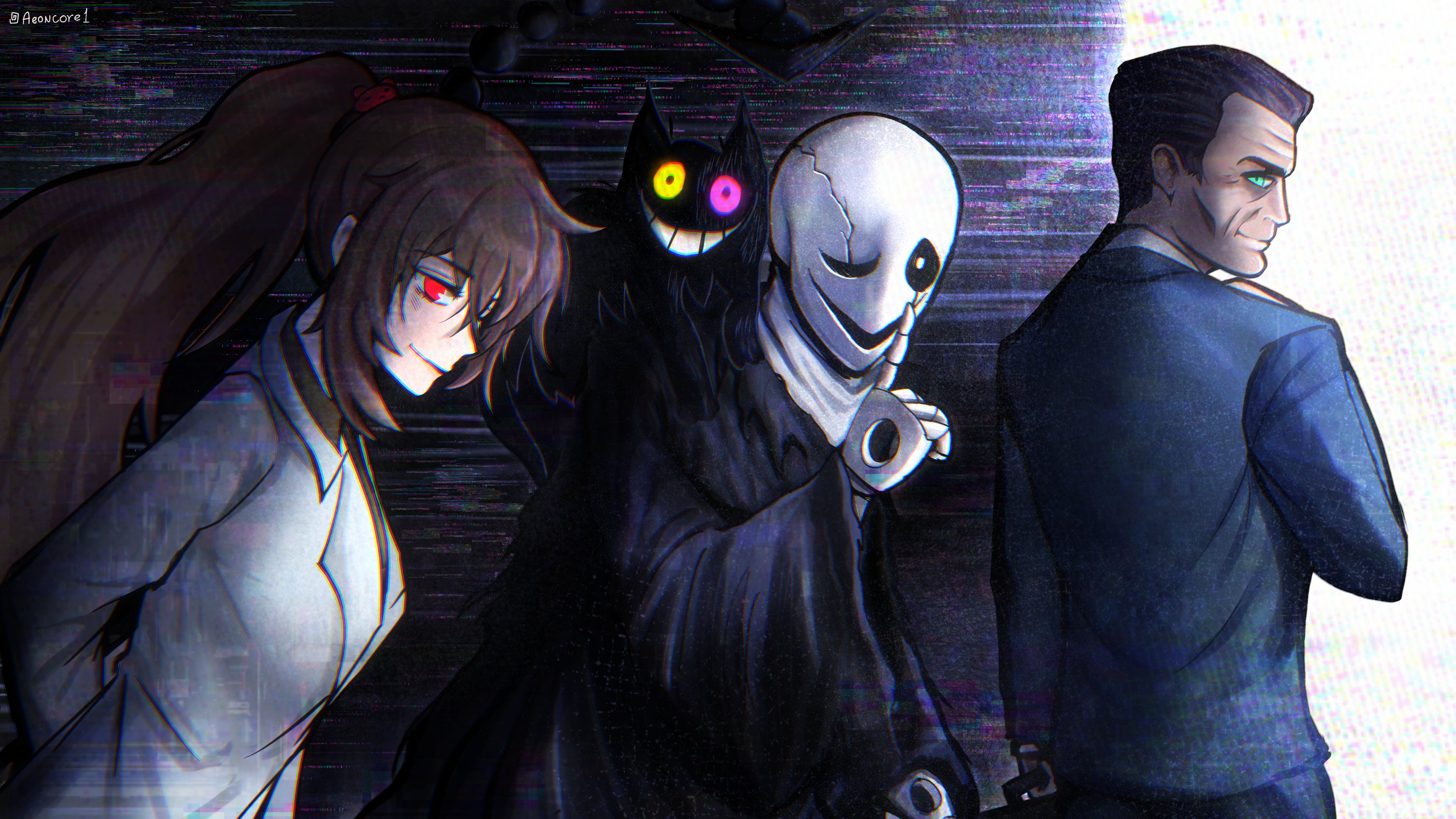 carmen (project moon), friend (deltarune), g-man, w.d. gaster, deltarune, half-life (series), lobotomy corporation, project moon, utdr (toby fox), absurdres, commentary, english commentary, highres, 1girl, 2boys, aeoncore1, animal, animal on shoulder, blue jacket, cat, cat on shoulder, closed mouth, coat, collared shirt, finger to mouth, green eyes, green shirt, hair slicked back, heterochromia, hole in hand, jacket, lab coat, lapels, looking at viewer, multiple boys, notched lapels, open mouth, pink eyes, red eyes, shirt, shushing, skeleton, smile, white coat