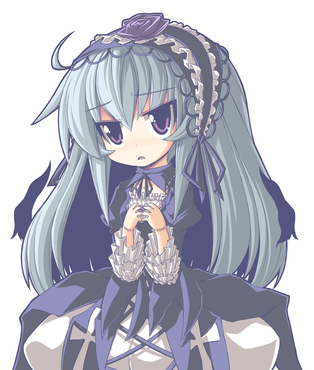 crazy developers, suigintou, rozen maiden, silver hair, bad id, bad pixiv id, highres, 00s, doll joints, dress, frills, hairband, joints, long hair, purple eyes, solo, wings