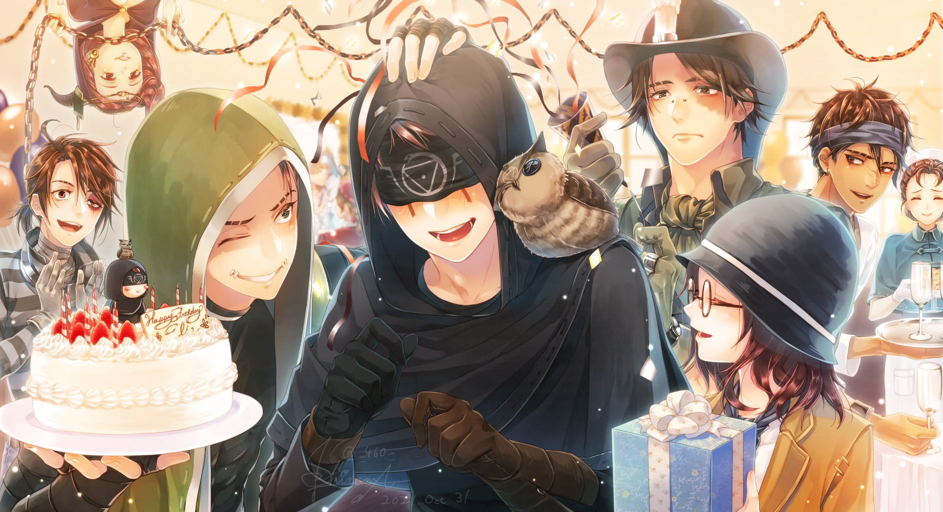 shiroma kira, edgar valden, eli clark, emily dyer, fiona gilman, helena adams, luca balsa, naib subedar, norton campbell, identity v, commentary request, highres, 3girls, 6+boys, :d, ahoge, ascot, asymmetrical gloves, balloon, bandaged arm, bandaged hand, bandages, bird, birthday cake, black gloves, black hair, black shirt, blindfold, blue capelet, blue headband, bridge piercing, brown gloves, brown hair, bruise, bruised eye, cake, capelet, cloche hat, closed eyes, confetti, dark-skinned male, dark skin, dated, face piercing, facial mark, food, frown, ganji gupta, gift, glasses, gloves, goat horns, green ascot, grin, happy birthday, hat, headband, holding, holding gift, hood, hood up, horns, injury, jacket, male focus, mismatched gloves, multiple boys, multiple girls, open mouth, owl, piercing, purple hair, red hair, scar, scar across eye, scar on face, shirt, signature, smile, stitched mouth, stitches, striped blush, striped clothes, striped shirt, upside-down, yellow jacket