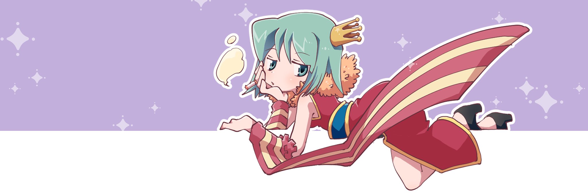 hasenyo, professor (ragnarok online), ragnarok online, commentary request, highres, 1girl, belt, black shoes, blue belt, blush, crown, detached sleeves, dress, full body, fur collar, green eyes, green hair, looking at viewer, lying, mini crown, on stomach, purple background, red dress, red sleeves, shoes, short hair, sleeveless, sleeveless dress, solo, striped sleeves, yellow sleeves