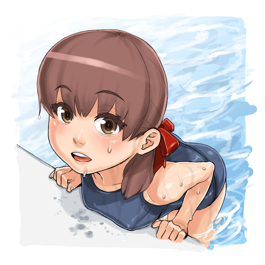 mama (mama hiro), original, bad id, bad pixiv id, 1girl, breast rest, breasts, brown eyes, brown hair, female focus, hair ribbon, medium breasts, one-piece swimsuit, ponytail, pool, ribbon, school swimsuit, solo, swimsuit, water, wet