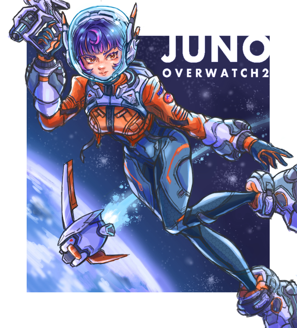 mikepo, juno (overwatch), overwatch, commentary request, 1girl, blue bodysuit, bodysuit, brown eyes, colored shoe interior, gloves, helmet, jacket, jet boots, multicolored hair, orange jacket, pink hair, purple hair, short hair, solo, space helmet, two-sided gloves