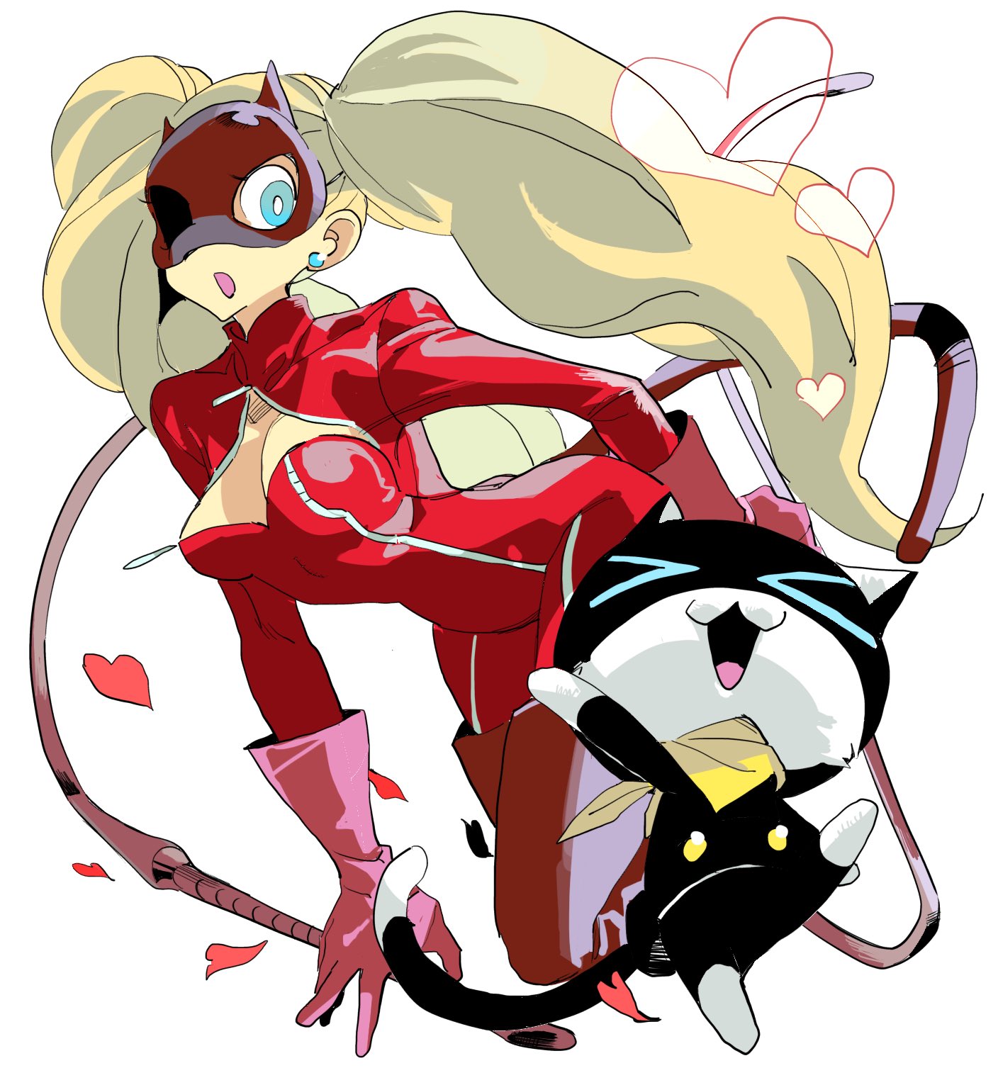 pure to ma, tuxedo cat, morgana (persona 5), panther (persona 5), takamaki anne, persona, persona 5, highres, > <, 1girl, 1other, :d, blonde hair, blue eyes, bodysuit, breasts, cat, cat mask, cat tail, cleavage, earrings, full body, gloves, holding, holding whip, jacket, jewelry, long hair, mask, medium breasts, neckerchief, open mouth, pink gloves, red bodysuit, red jacket, smile, tail, twintails, white background, xd, yellow neckerchief
