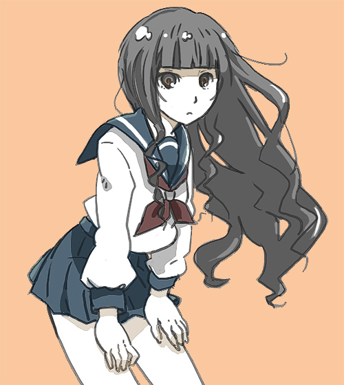 nagu, itoshiki rin, sayonara zetsubou sensei, bad id, bad pixiv id, 00s, bent over, black hair, blue skirt, hands on own thighs, leaning forward, long hair, miniskirt, school uniform, serafuku, skirt, solo, thighs