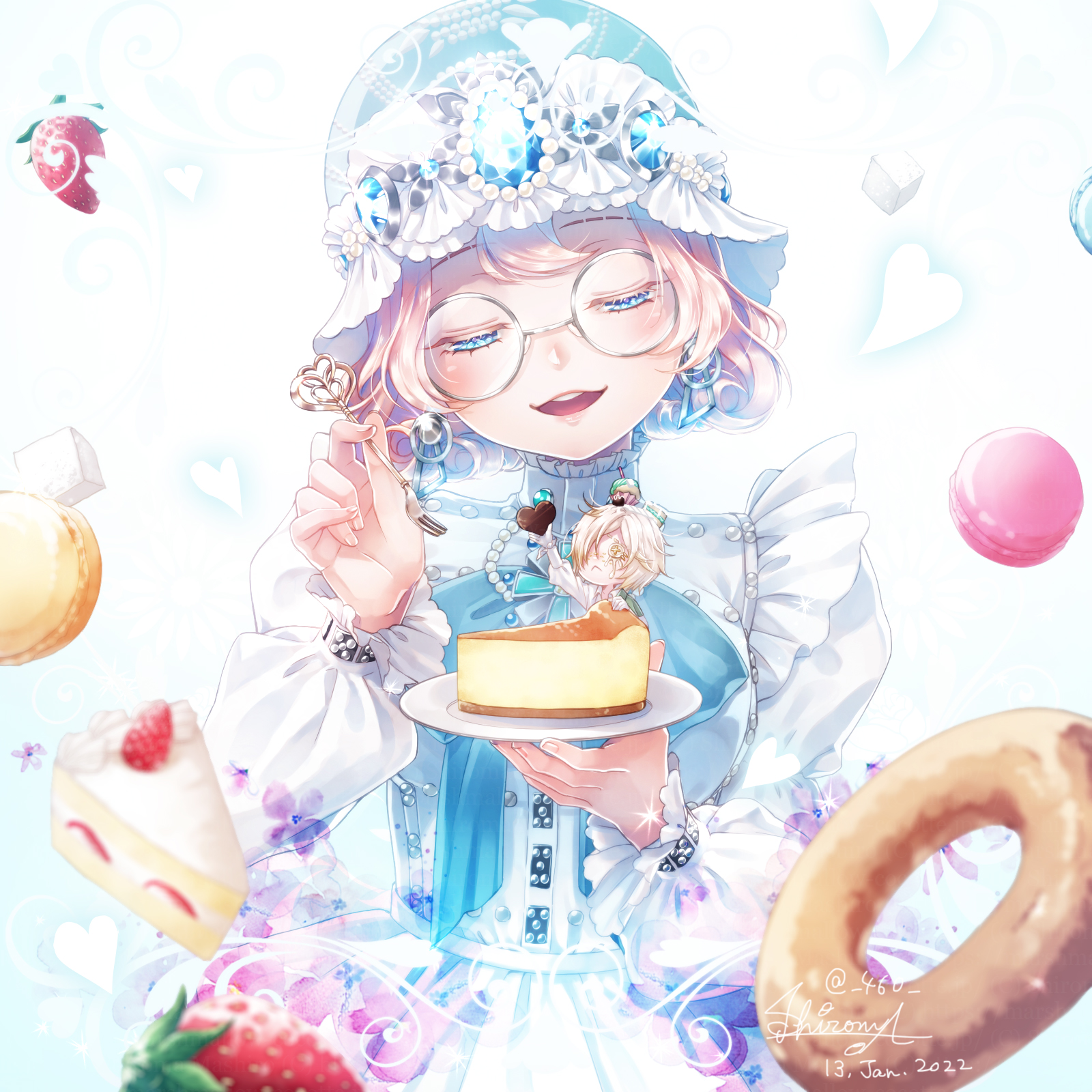 shiroma kira, andrew kreiss, andrew kreiss (cheese), helena adams, helena adams (architect), identity v, highres, 1boy, 1girl, blonde hair, blue bow, blue bowtie, blue gemstone, bob cut, bow, bowtie, cake, cake slice, collar, donut, food, fork, frilled collar, frilled hat, frills, fruit, gem, half-closed eyes, hat, head tilt, high collar, holding, holding chibi, holding fork, holding plate, jewelry, looking at another, macaron, necklace, official alternate costume, pearl necklace, plate, pudding, puffy sleeves, strawberry, upper body