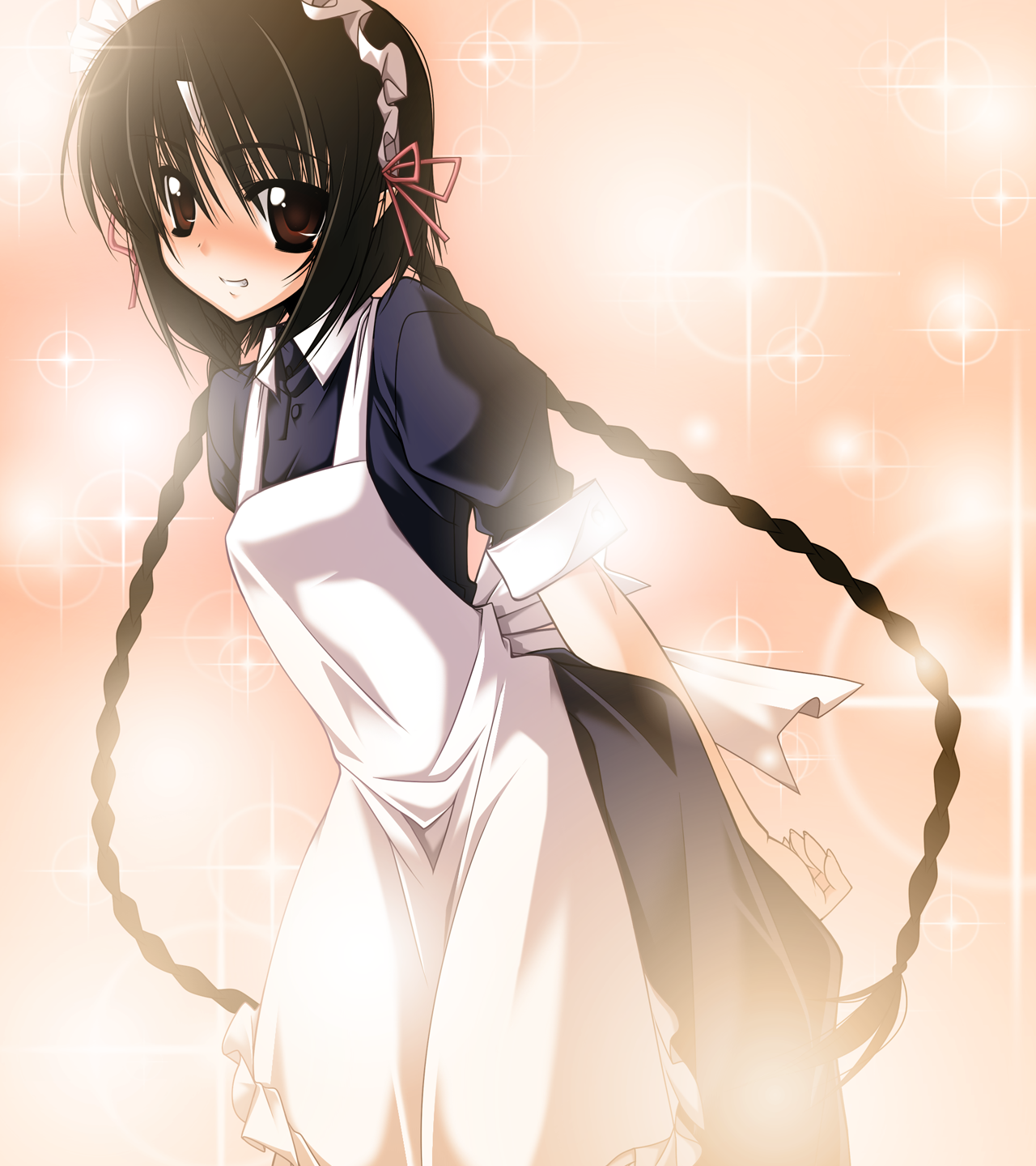 izumi ico, himeka (oni uta), oni uta, game cg, highres, 1girl, arms behind back, black hair, blush, braid, female focus, horns, long hair, maid, maid headdress, red eyes, single horn, smile, solo, twin braids, very long hair