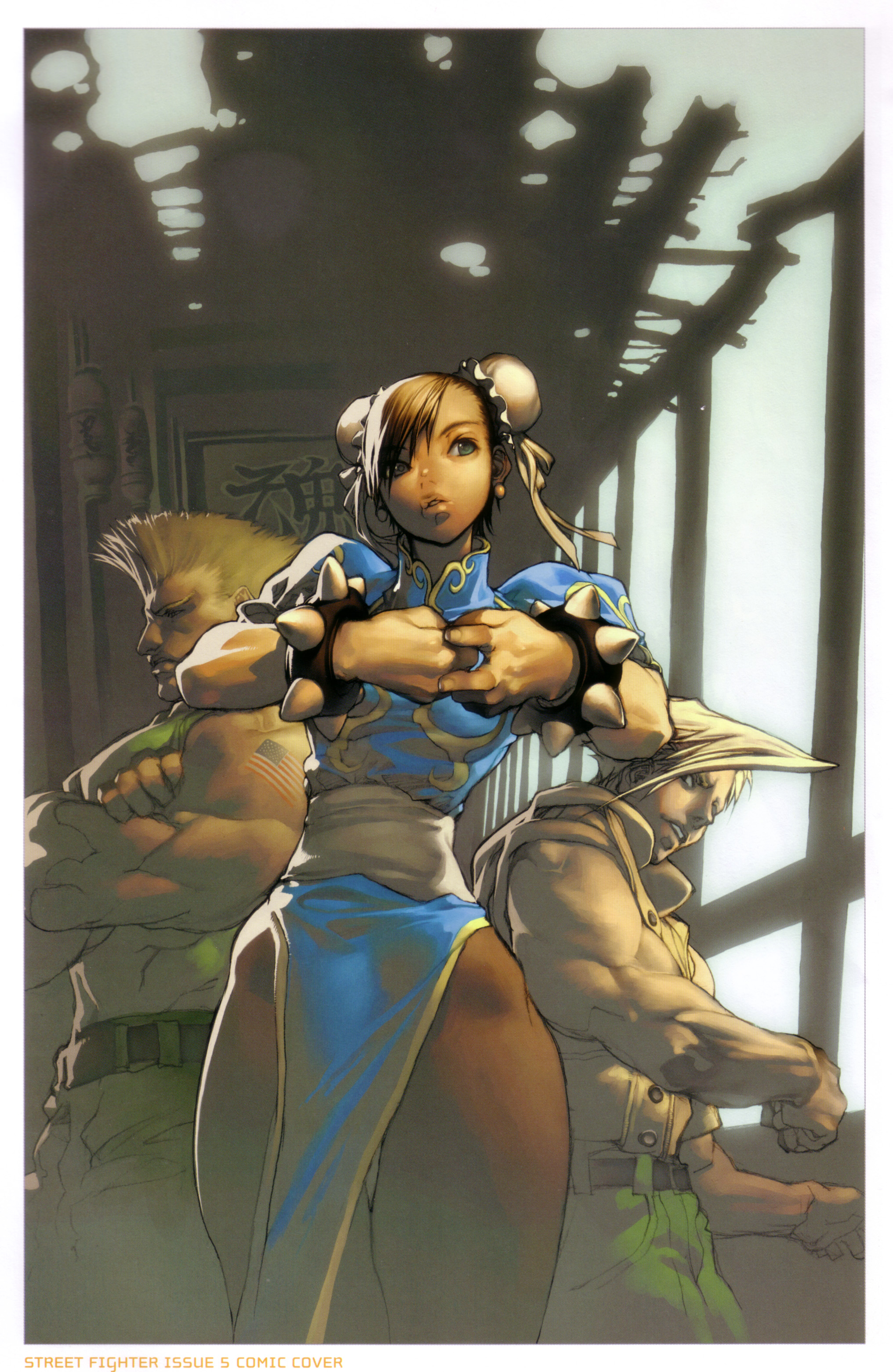 kim hyung tae, charlie nash, chun-li, guile, street fighter, absurdres, highres, america, blonde hair, bracelet, breasts, brown eyes, brown hair, bun cover, charlie, china dress, chinese clothes, curvy, double bun, jewelry, large breasts, lips, muscular, pantyhose, short hair, spiked bracelet, spikes, thick thighs, thighs