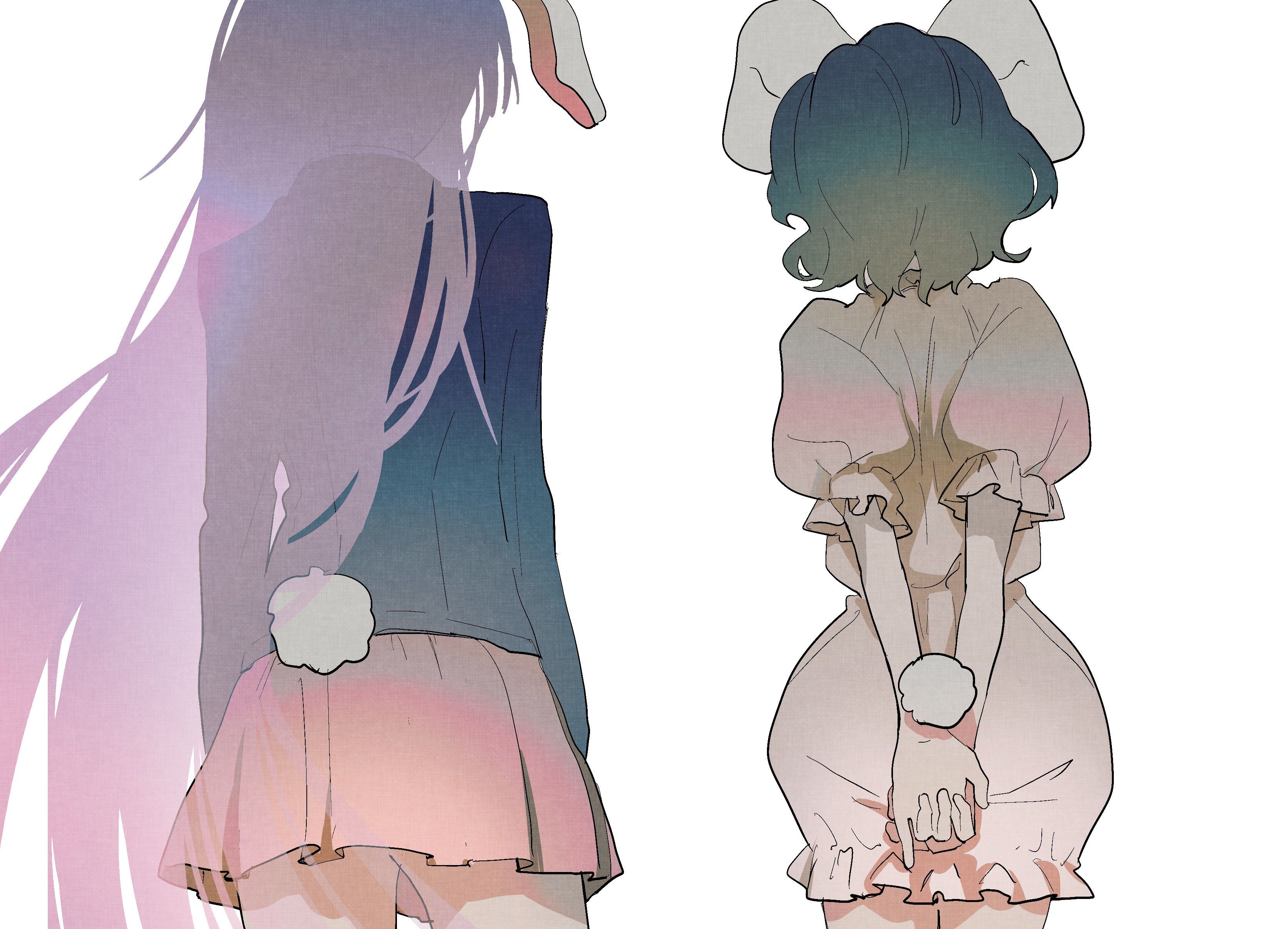 mochitose aguri, inaba tewi, reisen udongein inaba, touhou, absurdres, commentary request, highres, 2girls, animal ears, arms behind back, black hair, black jacket, cowboy shot, dress, frilled sleeves, frills, from behind, jacket, long hair, long sleeves, miniskirt, multiple girls, pink dress, pink skirt, puffy short sleeves, puffy sleeves, purple hair, rabbit ears, rabbit girl, rabbit tail, short hair, short sleeves, simple background, skirt, tail, very long hair, white background