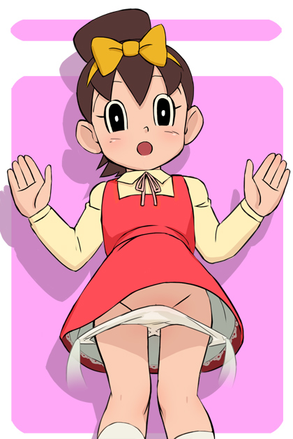 haruyama kazunori, koizumi yoshiko, q-tarou, obake no q-tarou, blush, hair ribbon, loli, panties, panty pull, ribbon, solo, underwear