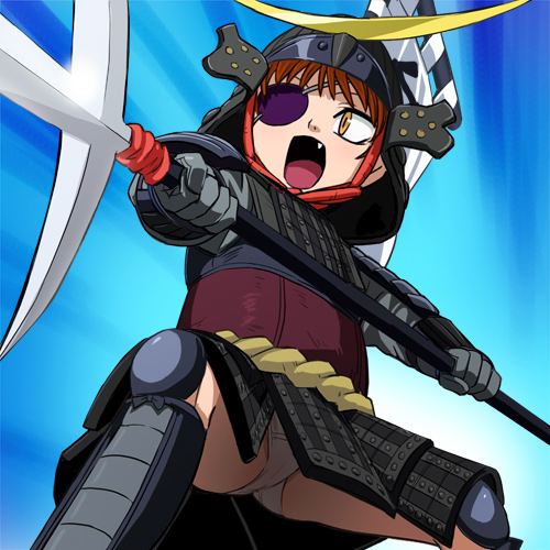 haruyama kazunori, date masamune, nekomusume, gegege no kitarou, toei company, lowres, 1girl, armor, brown eyes, brown hair, cosplay, eyepatch, fang, female focus, helmet, japanese armor, japanese clothes, juumonji yari, kabuto (helmet), kusazuri, lance, loli, open mouth, panties, pantyshot, polearm, samurai, solo, spear, trident, underwear, upskirt, weapon, yari