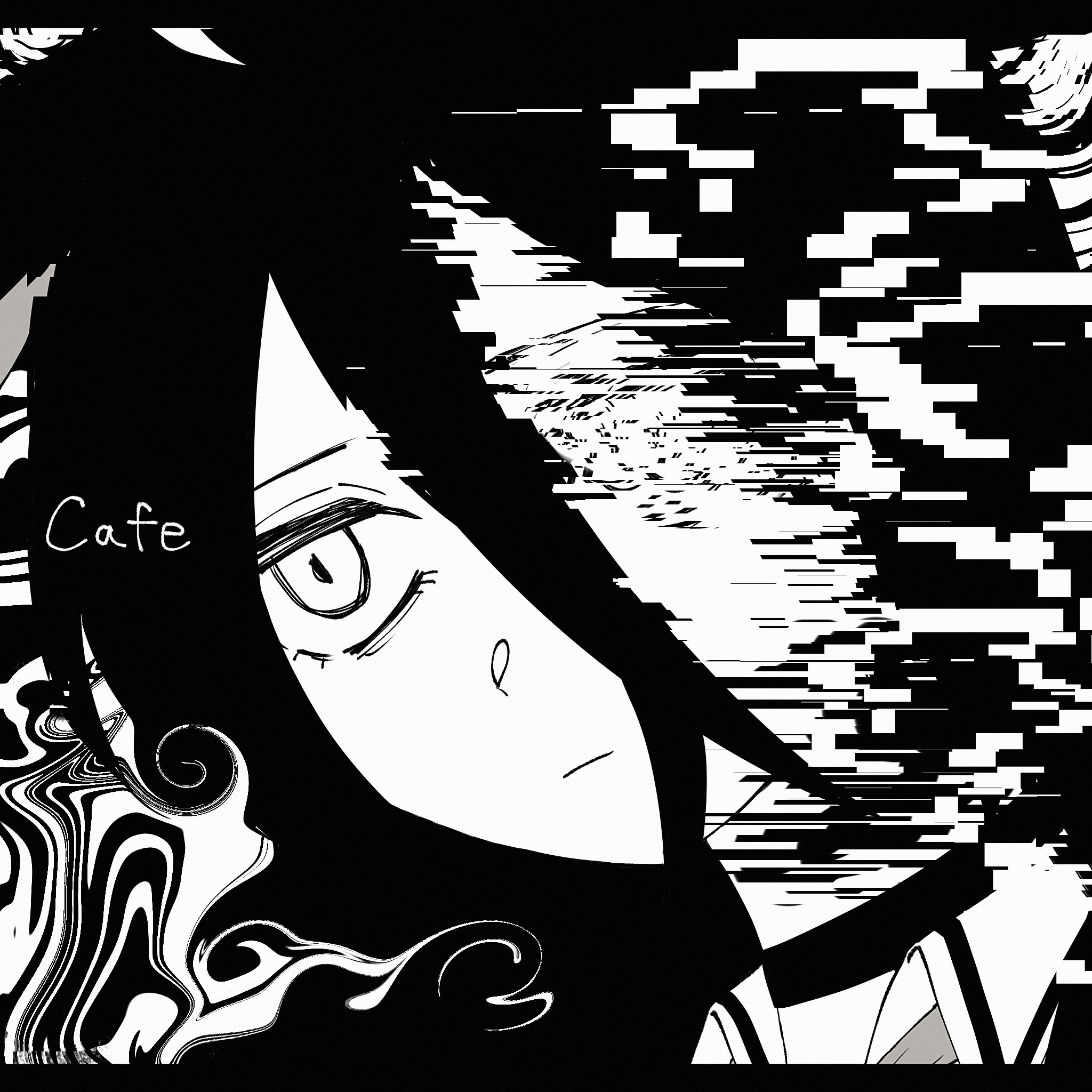 mokkedon, manhattan cafe (umamusume), umamusume, commentary, highres, 1girl, animal ears, character name, choker, closed mouth, collared shirt, distortion, frown, glitch, greyscale, hair between eyes, horse ears, horse girl, long hair between eyes, monochrome, multicolored hair, shirt, solo