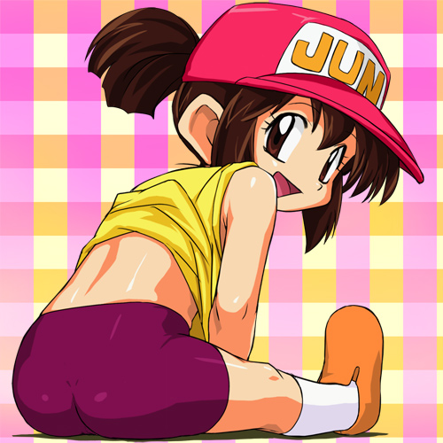 haruyama kazunori, sagami jun, bakusou kyoudai let's & go!!, bakusou kyoudai let's & go!! max, screencap, lowres, 1girl, ass, back, bakusou kyoudai letu2019s & go max, baseball cap, bike shorts, brown eyes, brown hair, child, female focus, hat, looking back, ponytail, short hair, shorts, sitting, solo