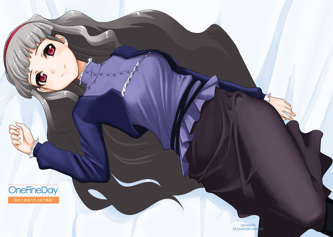 sugar (sugarless), shijou takane, idolmaster, idolmaster (classic), 00s, 1girl, female focus, grey hair, long hair, lying, solo