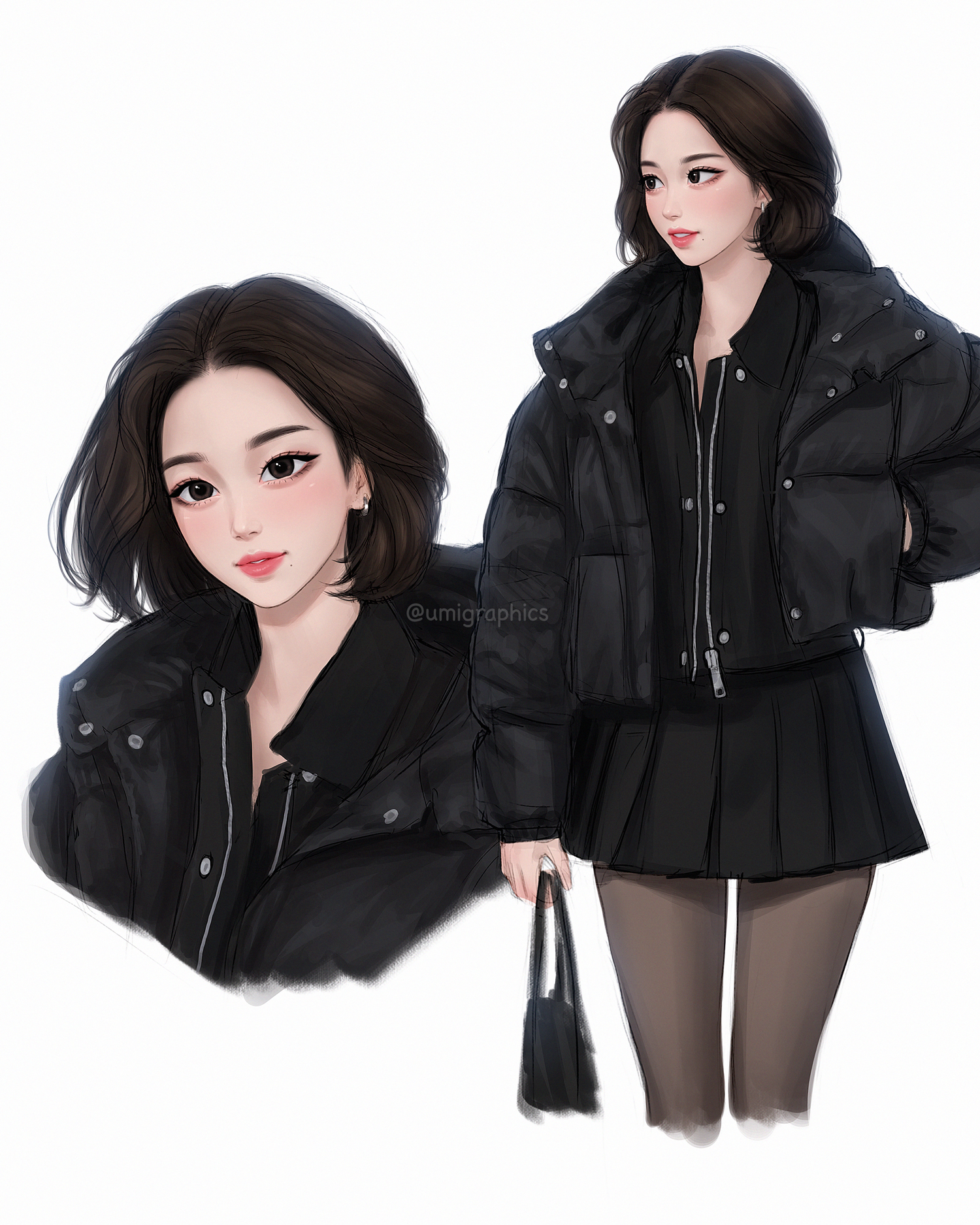 umigraphics, karina (aespa), aespa, highres, 1girl, black hair, black jacket, black pantyhose, black shirt, black skirt, brown eyes, cropped legs, cropped torso, earrings, jacket, jewelry, k-pop, lips, looking at viewer, looking to the side, mole, mole under mouth, multiple views, open clothes, open jacket, pantyhose, shirt, short hair, skirt, white background