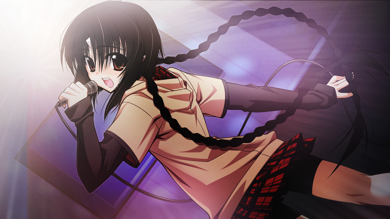 izumi ico, himeka (oni uta), oni uta, game cg, 1girl, black hair, braid, casual, dutch angle, female focus, horns, karaoke, looking back, microphone, red eyes, solo, twin braids