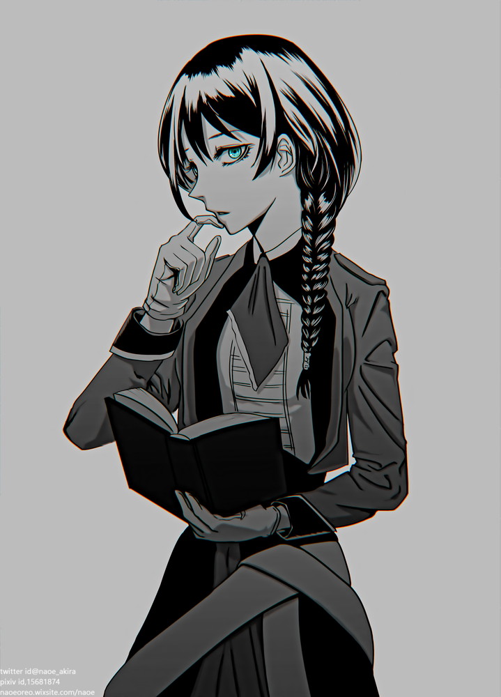 es (alter ego), alter ego (game), commentary request, 1girl, ascot, black hair, blue eyes, book, braid, braided ponytail, collared jacket, collared shirt, gloves, greyscale, hair between eyes, jacket, long hair, looking at viewer, monochrome, shirt, simple background, single braid, solo, undershirt, white gloves