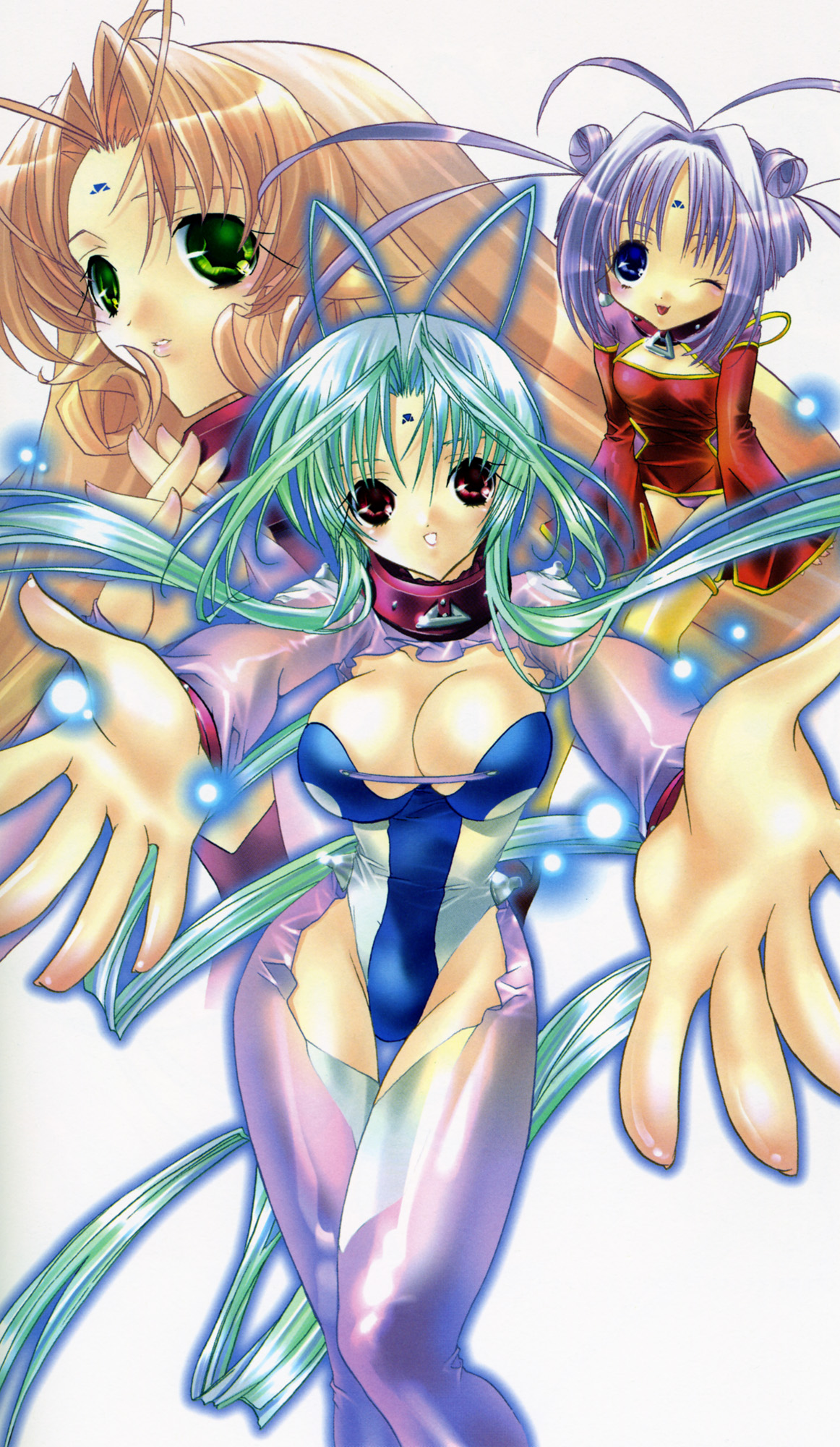 peach-pit, china (dears), miu, miu (dears), ren (dears), dears, highres, 00s, 3girls, antenna hair, aqua hair, blue eyes, breasts, cleavage, collar, facial mark, forehead mark, green eyes, green hair, large breasts, long hair, multiple girls, one eye closed, pink hair, purple hair, red eyes, thigh gap, very long hair, wink