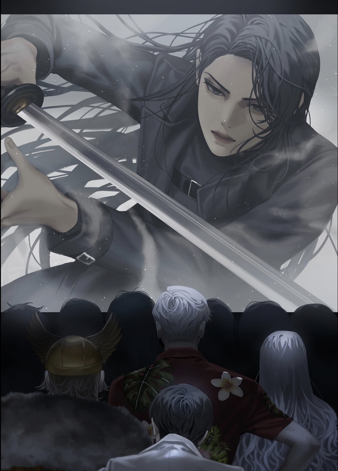 blackbox (blackbox9158), kim dokja, kim namwoon, lee seolhwa, yoo joonghyuk, omniscient reader's viewpoint, highres, official art, third-party source, 1girl, 6+others, black coat, black hair, black shirt, chest belt, coat, crowd, floral print, helmet, holding, holding sword, holding weapon, long hair, multiple others, open clothes, open coat, people, popped collar, shirt, short hair, solo focus, sword, weapon, white hair, winged hat