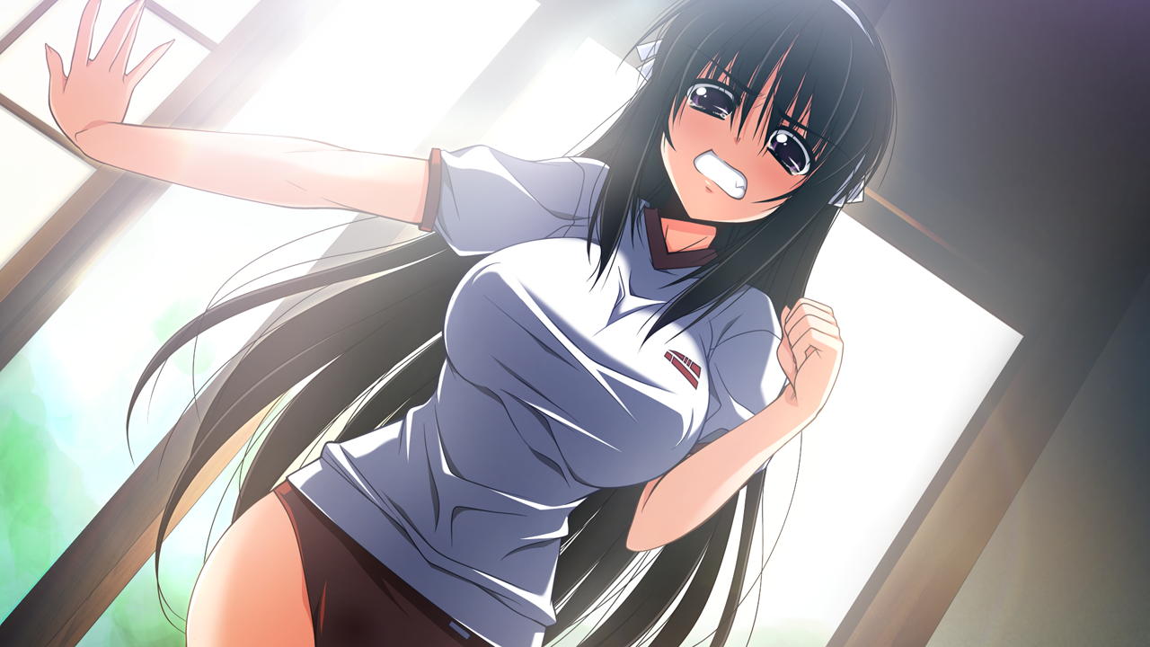 izumi ico, oni uta, game cg, 1girl, black hair, blush, breasts, buruma, female focus, gym uniform, huge breasts, long hair, purple eyes, shirt, solo, taut clothes, taut shirt
