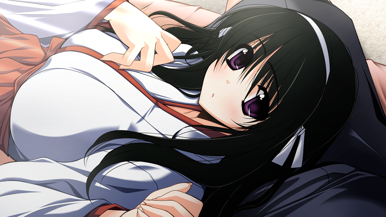 izumi ico, mimasaka koharu, oni uta, game cg, 1girl, black hair, japanese clothes, long hair, miko, purple eyes, solo focus
