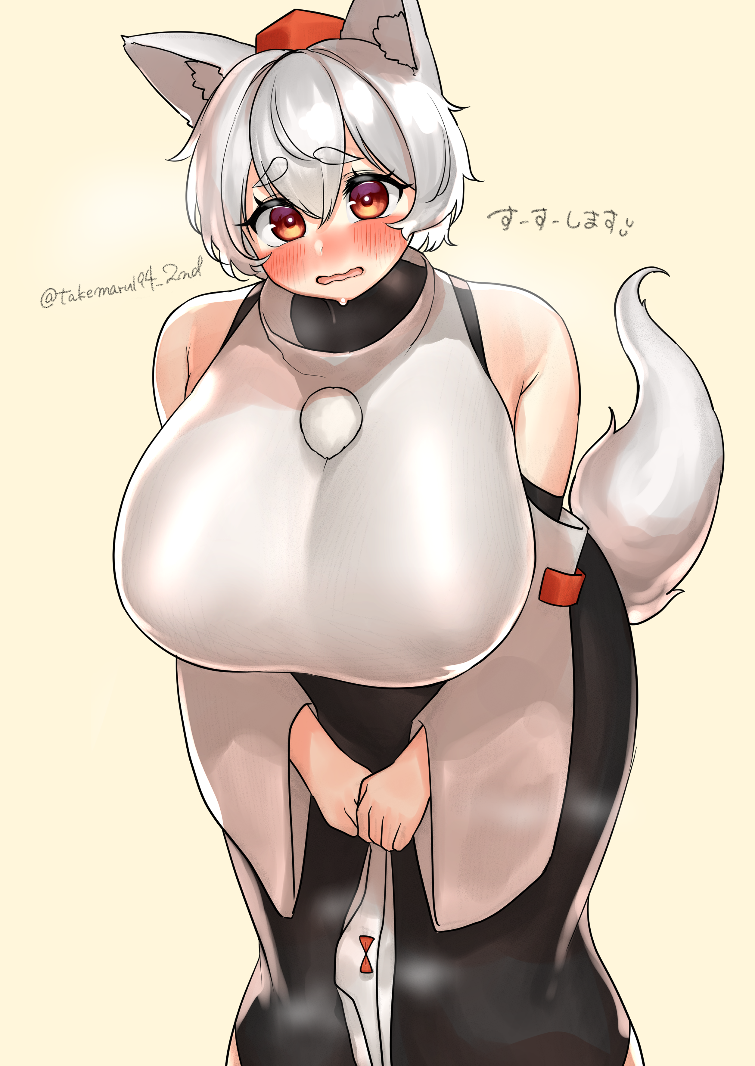 take (take143000), inubashiri momiji, touhou, absurdres, commentary request, highres, translation request, 1girl, animal ear fluff, animal ears, black skirt, blush, breasts, detached sleeves, feet out of frame, hat, holding, holding panties, holding underwear, holding unworn clothes, huge breasts, leaning forward, long skirt, looking at viewer, open mouth, orange eyes, panties, pom pom (clothes), red hat, shirt, short hair, simple background, skirt, sleeveless, sleeveless shirt, solo, tail, thick eyebrows, tokin hat, turtleneck, turtleneck shirt, underwear, white hair, white panties, white shirt, white sleeves, wolf ears, wolf girl, wolf tail, yellow background