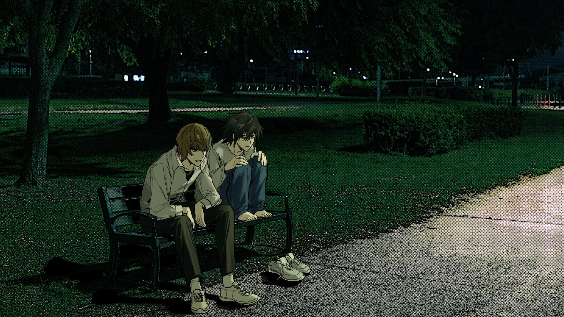 l (death note), yagami light, death note, commentary request, highres, 2boys, barefoot, bench, black hair, black pants, blue pants, brown hair, hair between eyes, male focus, multiple boys, pants, parted lips, photo background, sanhuamao4280, shirt, shoes, short hair, sitting, smile, sneakers, socks, unworn shoes, white shirt, white shoes, white socks