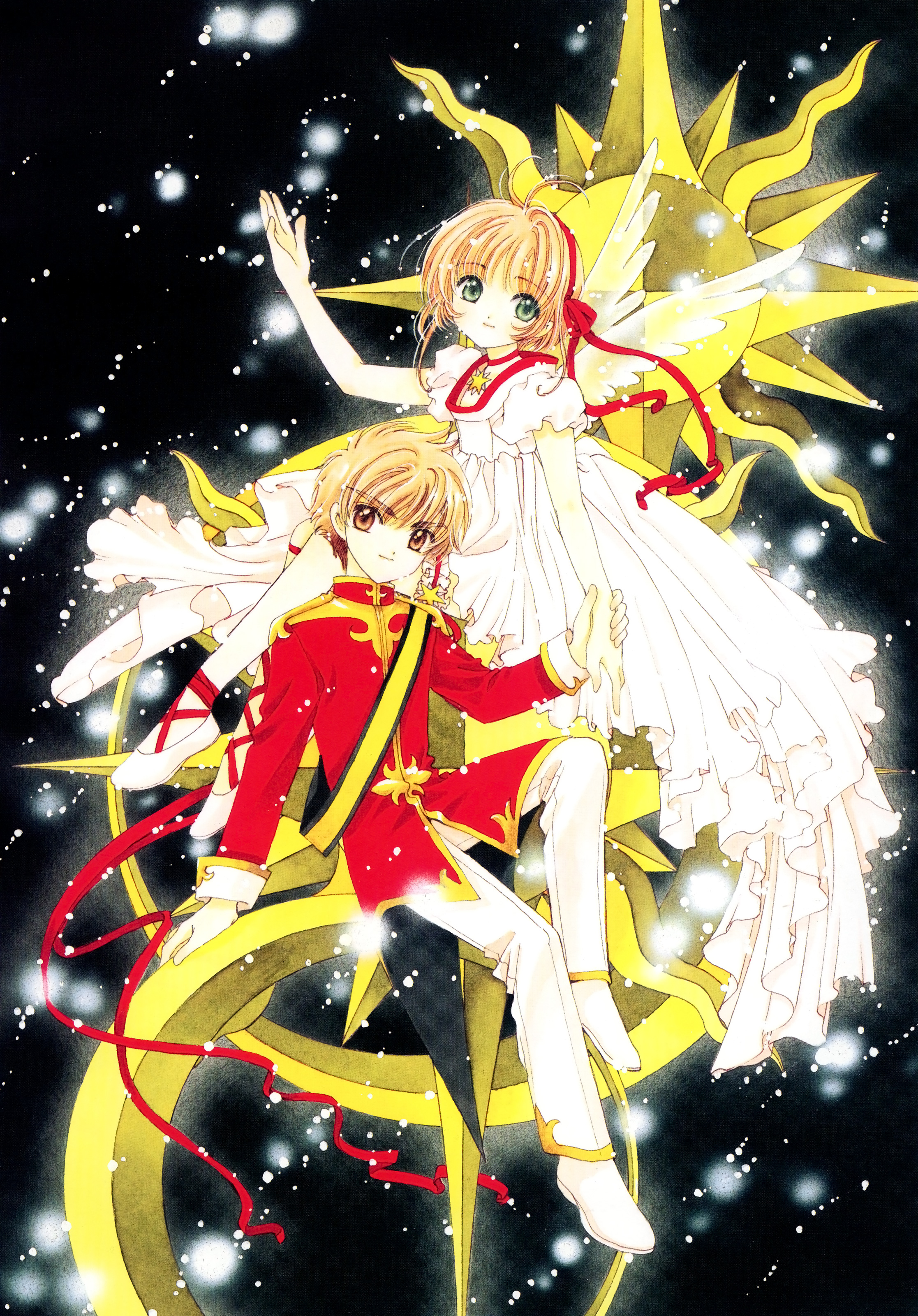 clamp, kinomoto sakura, li syaoran, cardcaptor sakura, absurdres, highres, official art, 1990s (style), 1boy, 1girl, antenna hair, black background, child, full body, holding another's wrist, retro artstyle