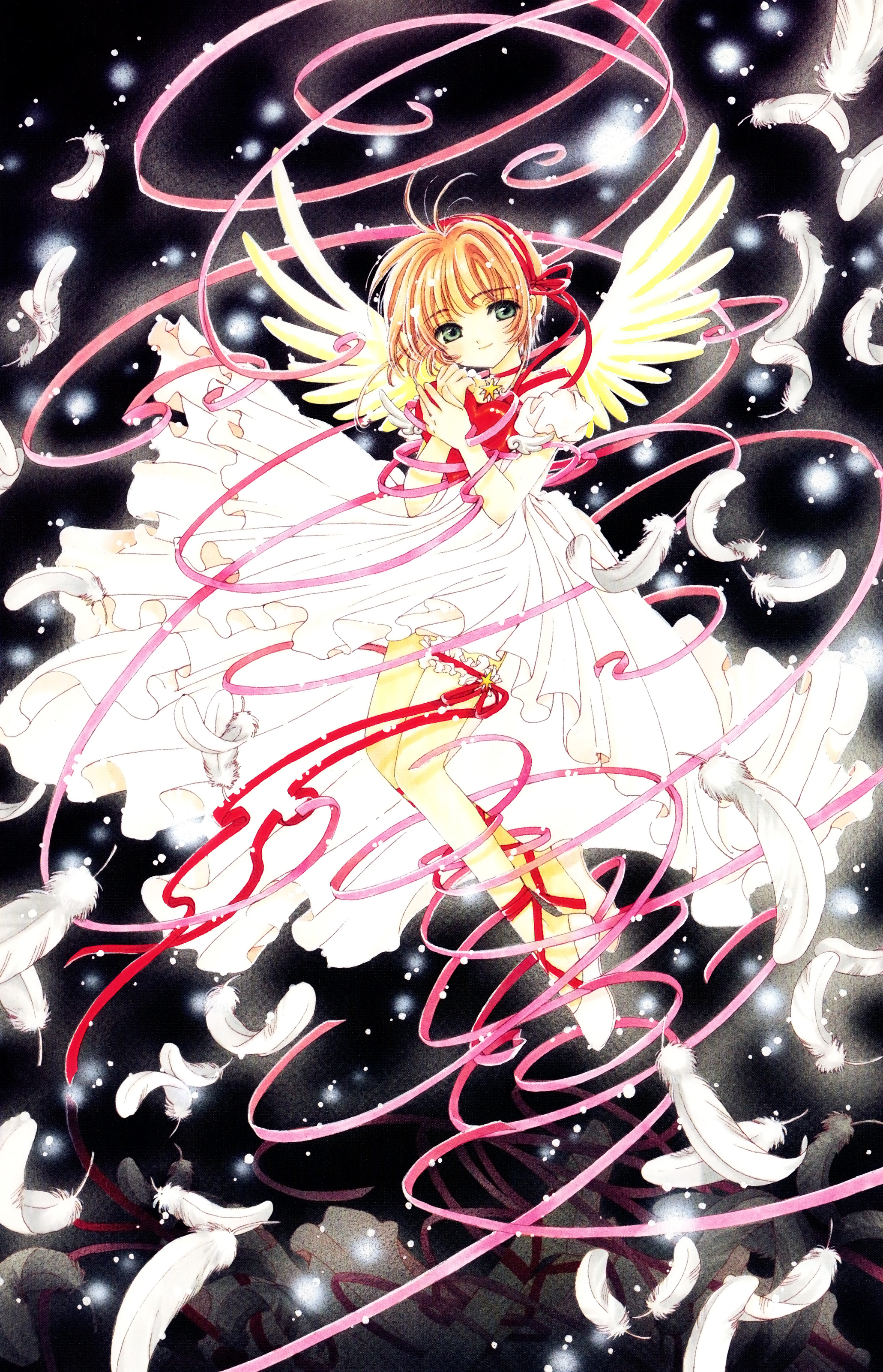 clamp, kinomoto sakura, cardcaptor sakura, absurdres, highres, 1990s (style), 1girl, ankle lace-up, antenna hair, black background, brown hair, child, feathers, female focus, frilled thigh strap, full body, reflection, retro artstyle, ribbon, short hair, solo, thigh strap, wings