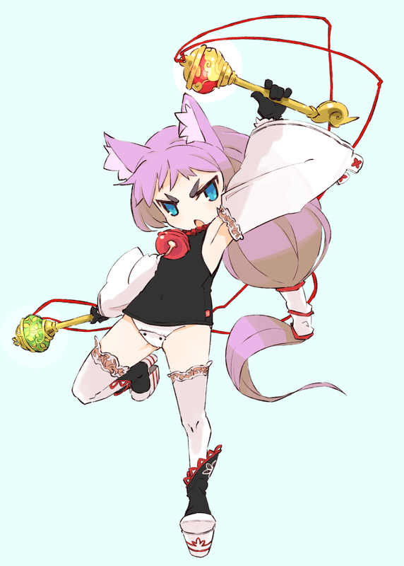 mota, original, eyebrows, 1girl, animal ears, armpits, bell, blue eyes, cat ears, cat girl, collar, detached sleeves, diabolo, female focus, gloves, neck bell, panties, pink hair, purple hair, simple background, solo, thighhighs, underwear, white thighhighs