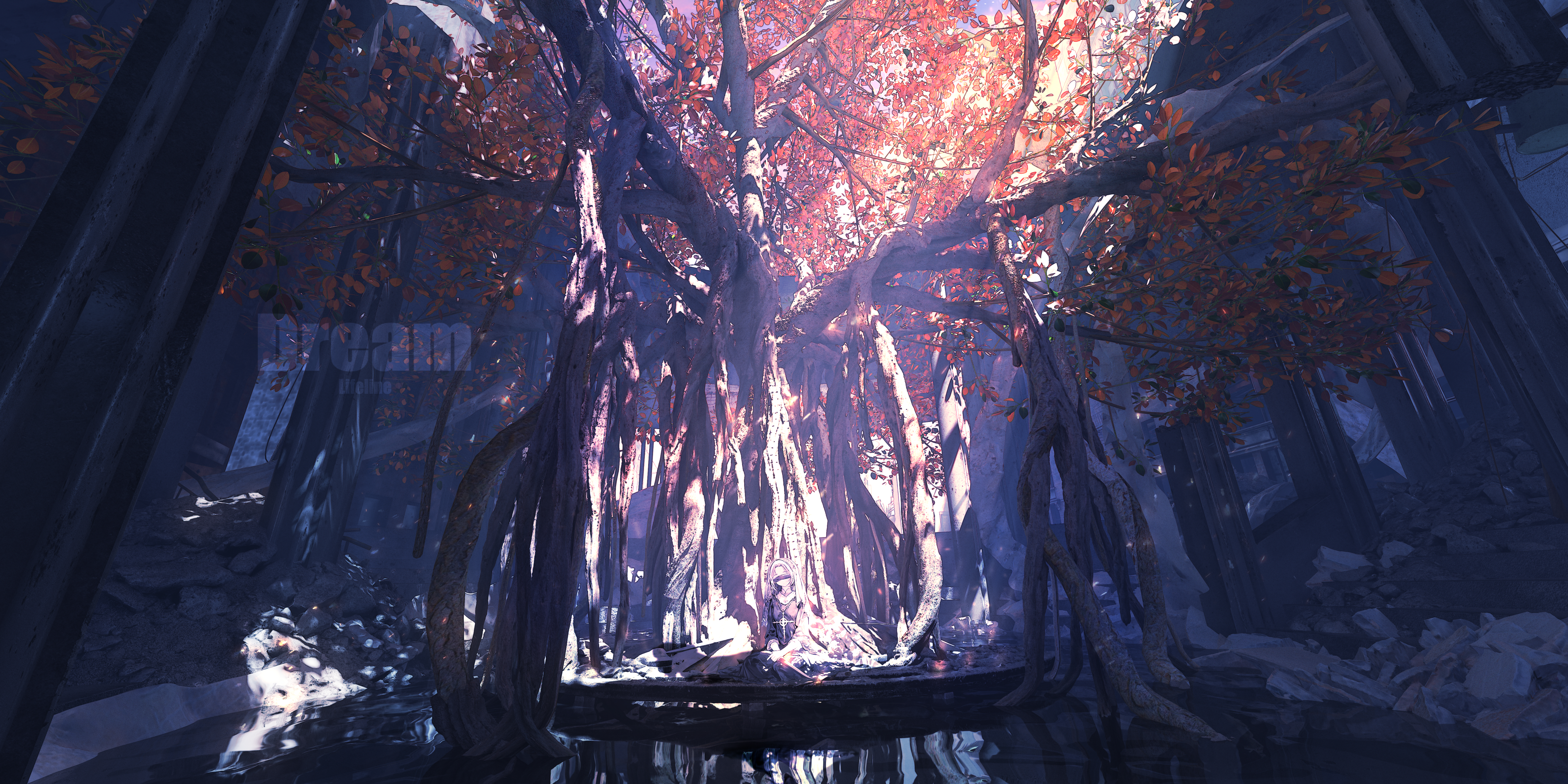 lifeline (a384079959), original, absurdres, chinese commentary, commentary request, highres, 1girl, black dress, day, dress, forest, holding, holding knife, knife, long sleeves, nature, nun, outdoors, pink hair, pond, reflection, reflective liquid, scenery, shadow, sitting, solo, tree, veil, water, watermark, wide shot