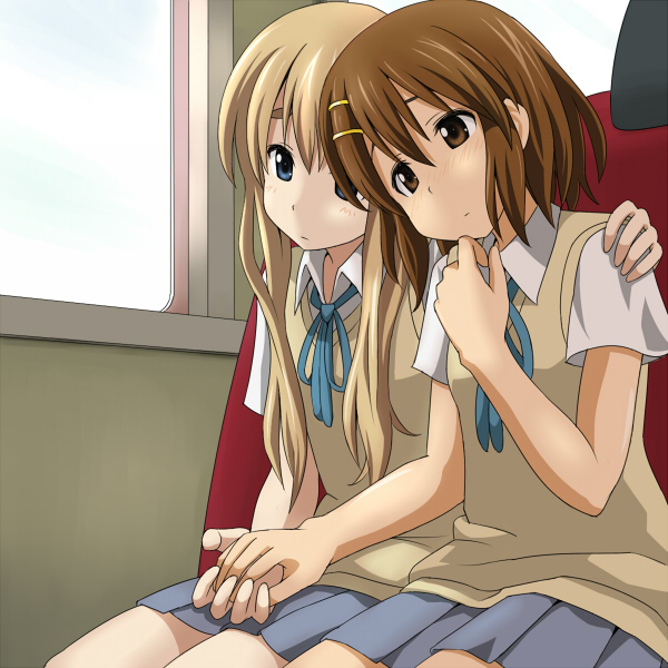 mountain pukuichi, hirasawa yui, kotobuki tsumugi, k-on!, hand on shoulder, vehicle, 00s, 2girls, blonde hair, blue eyes, blush, bow, bowtie, brown eyes, brown hair, female focus, hair ornament, hairclip, holding hands, hug, indoors, long hair, multiple girls, school uniform, short hair, sitting, skirt, sweater vest, window, yuri