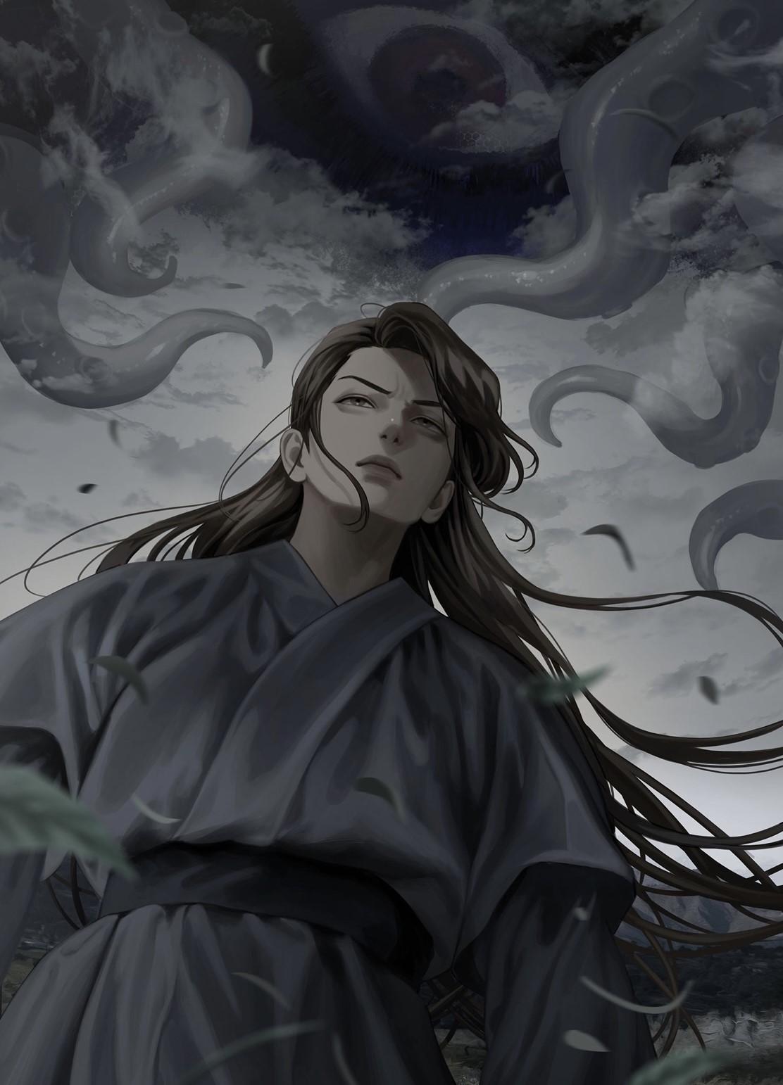 blackbox (blackbox9158), omniscient reader's viewpoint, highres, official art, third-party source, 1girl, aegyo sal, blue hanbok, brown eyes, brown hair, cloud, cloudy sky, creature, eldritch abomination, falling leaves, grey sky, hanbok, korean clothes, leaf, long hair, looking at another, namgung minyoung, serious, sky, solo, tentacles, upper body