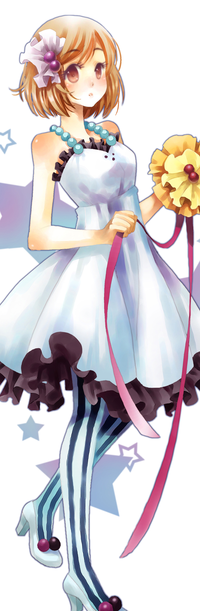 muxiaying, hirasawa yui, don't say "lazy", k-on!, bad id, bad pixiv id, highres, long image, tall image, 00s, 1girl, brown hair, female focus, pantyhose, solo, striped clothes, striped pantyhose, vertical-striped clothes, vertical-striped pantyhose, white background