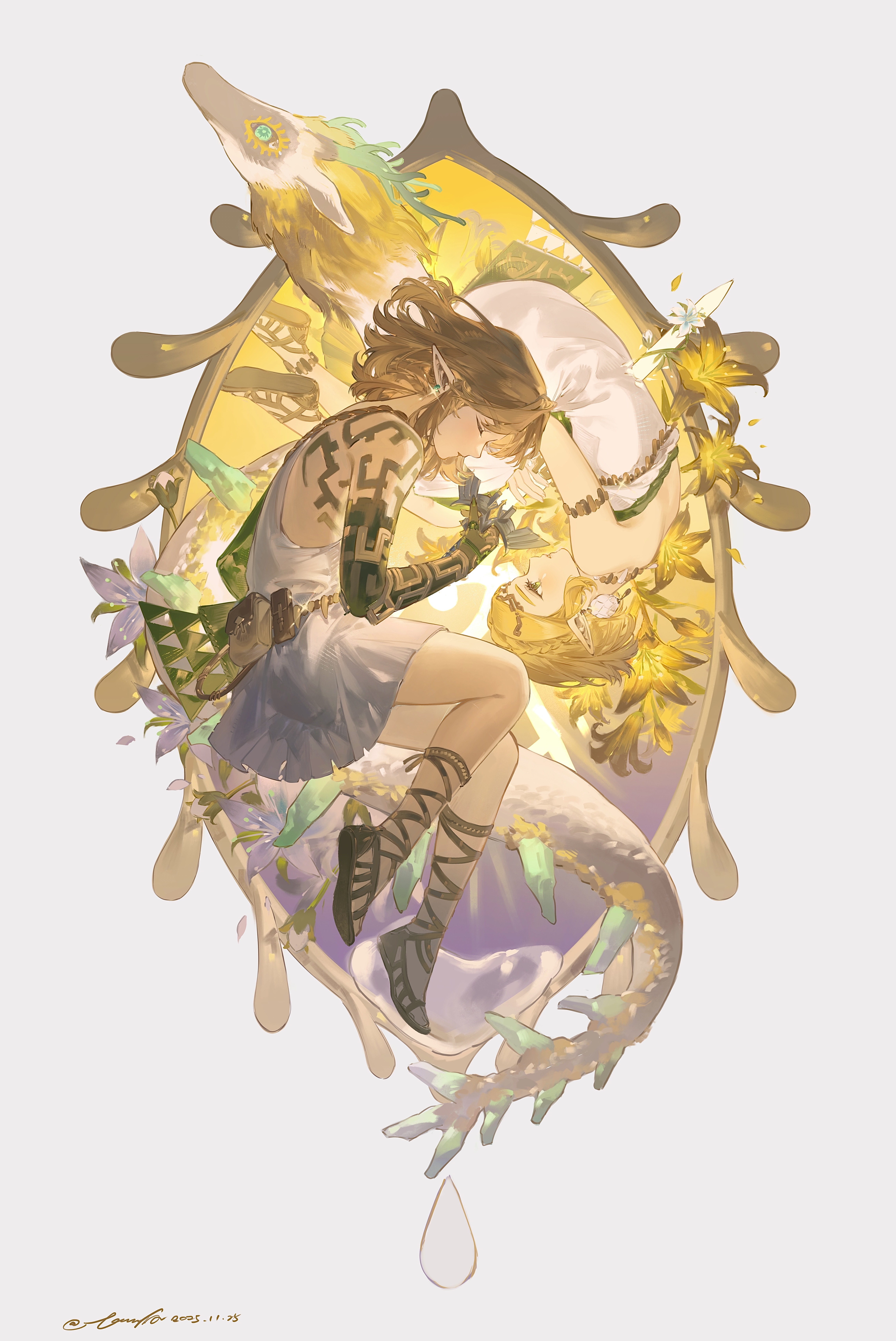 lamblab0824, link, princess zelda, nintendo, the legend of zelda, the legend of zelda: tears of the kingdom, absurdres, chinese commentary, clip studio paint (medium), commentary request, highres, 1boy, 1girl, belt pouch, blonde hair, braid, brown hair, dated, dress, earrings, elf, flower, full body, holding, holding sword, holding weapon, impaled, jewelry, pointy ears, pouch, sandals, signature, sword, weapon, white dress