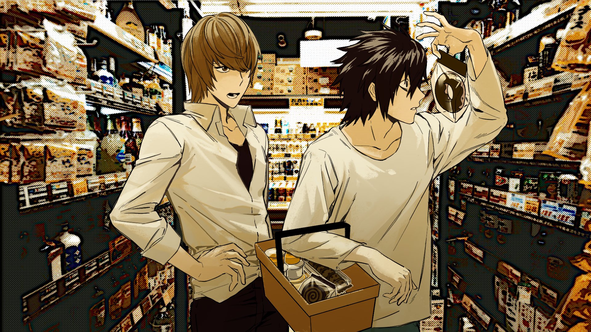 l (death note), yagami light, death note, commentary request, highres, 2boys, black hair, black pants, black shirt, brown hair, collared shirt, donut, food, grocery store, hair between eyes, hair over one eye, hand on own hip, looking at another, male focus, multiple boys, open mouth, pants, parted lips, photo background, sanhuamao4280, shirt, shirt under shirt, shopping basket, short hair, upper body, white shirt