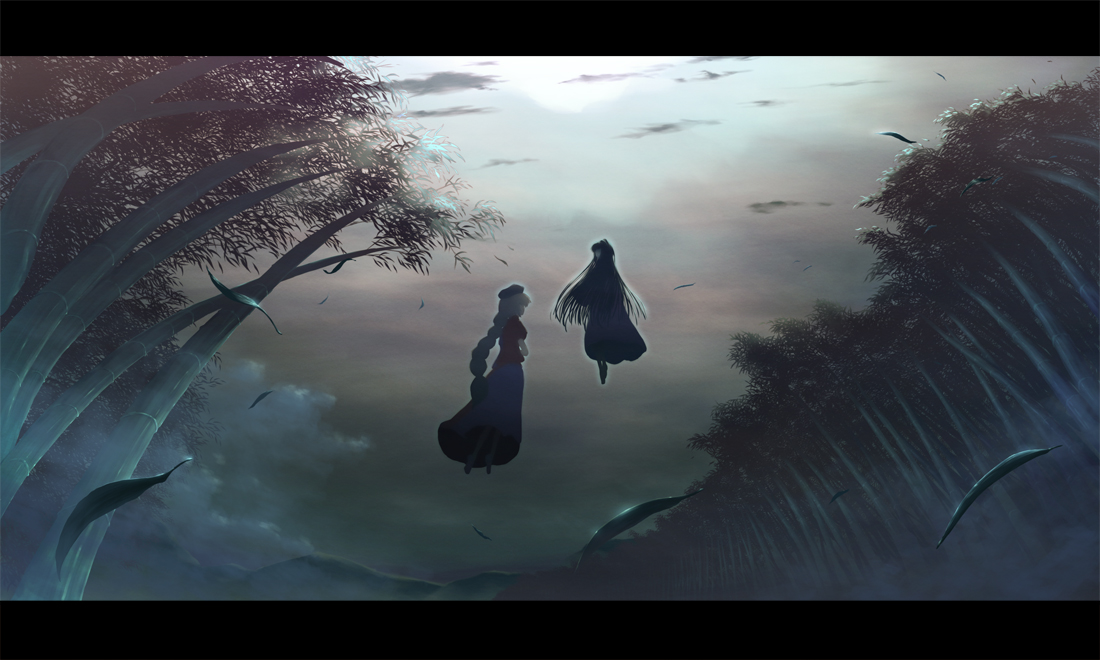 mafu, houraisan kaguya, yagokoro eirin, touhou, 2girls, back, bamboo, bamboo forest, female focus, floating, forest, from behind, leaf, letterboxed, long hair, multiple girls, nature, sky
