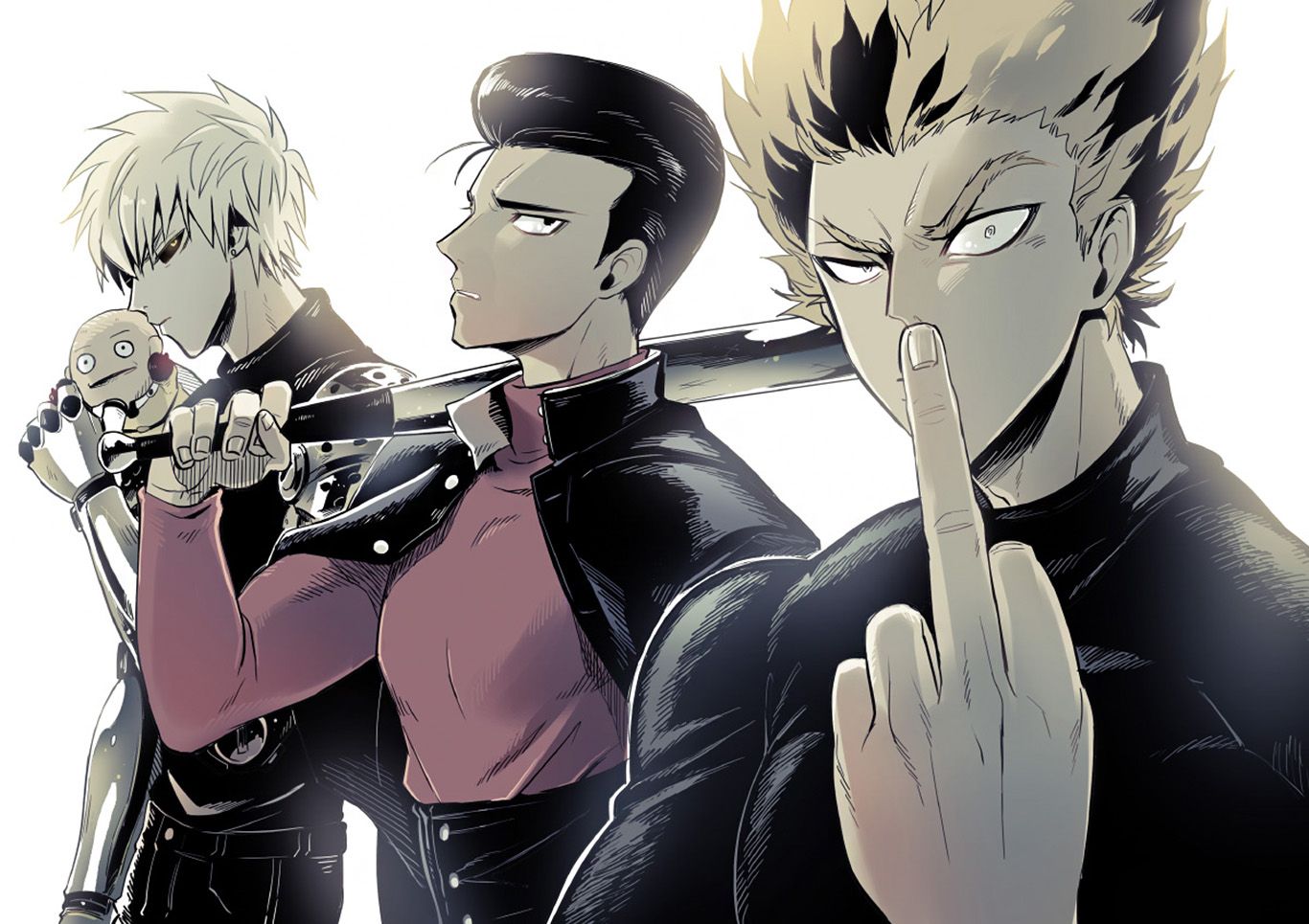 garou (one-punch man), genos, kinzoku bat, one-punch man, commentary, english commentary, third-party source, 3boys, baseball bat, black eyes, black hair, black jacket, black sclera, black shirt, closed mouth, colored sclera, cyborg, doll, holding, holding baseball bat, holding doll, holding weapon, jacket, leather, leather jacket, long sleeves, looking at viewer, male focus, mechanical arms, middle finger, multicolored hair, multiple boys, open clothes, open jacket, pompadour, red shirt, shirt, short hair, simple background, spiked hair, two-tone hair, ugyapii, weapon, white background, yellow eyes