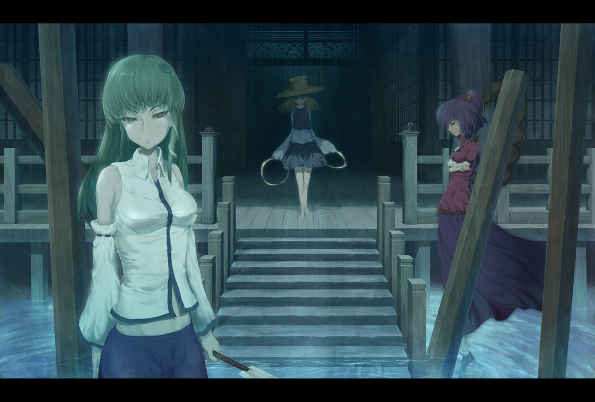 mafu, kochiya sanae, moriya suwako, yasaka kanako, touhou, bad id, bad pixiv id, 3girls, detached sleeves, dual wielding, female focus, hat, holding, letterboxed, moriya's iron rings, multiple girls, onbashira, short hair, stairs, water