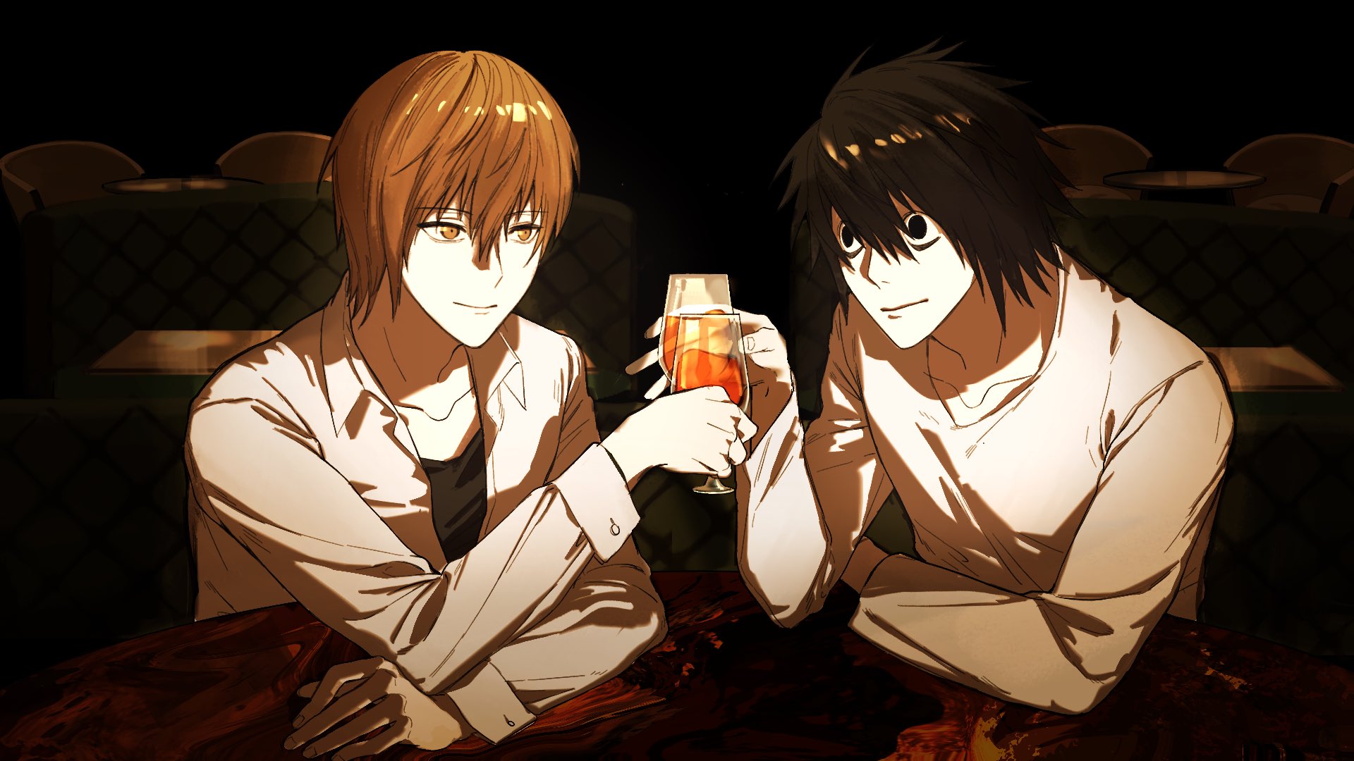 l (death note), yagami light, death note, commentary request, highres, 2boys, alcohol, bags under eyes, black hair, black shirt, brown eyes, brown hair, closed mouth, collared shirt, cup, drinking glass, hair between eyes, holding, holding cup, light smile, looking at another, male focus, multiple boys, no eyebrows, red wine, sanhuamao4280, shirt, shirt under shirt, short hair, sitting, toasting (gesture), upper body, white shirt, wine, wine glass