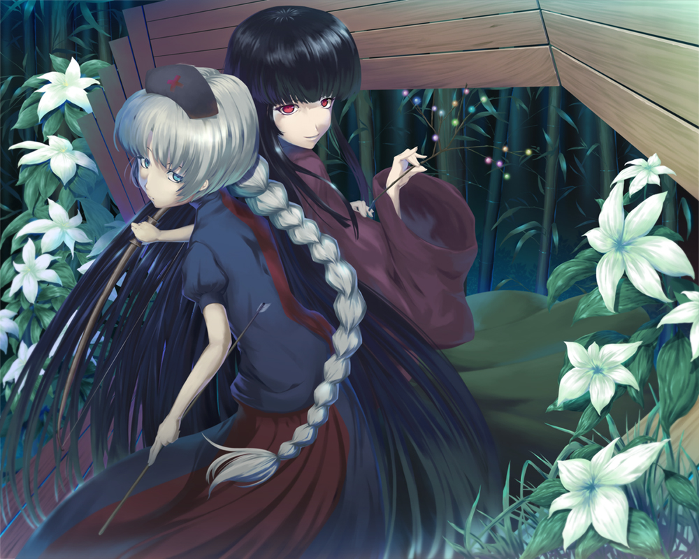 mafu, houraisan kaguya, yagokoro eirin, touhou, silver hair, bad id, bad pixiv id, 2girls, braid, female focus, flower, multiple girls, outdoors, plant, standing, tree