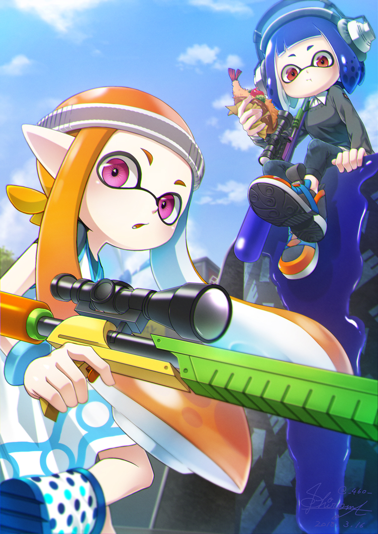 shiroma kira, nintendo, original, splatoon (series), splatoon 2, 2girls, :o, :t, black pants, blue hair, blunt bangs, bob cut, boots, food, grey sweater, headband, holding, holding food, inkling, long hair, looking at viewer, looking back, multiple girls, orange hair, paint, pants, pink eyes, red eyes, rubber boots, shirt, shoes, short eyebrows, sneakers, splat charger (splatoon), sweater, tentacle hair, white shirt